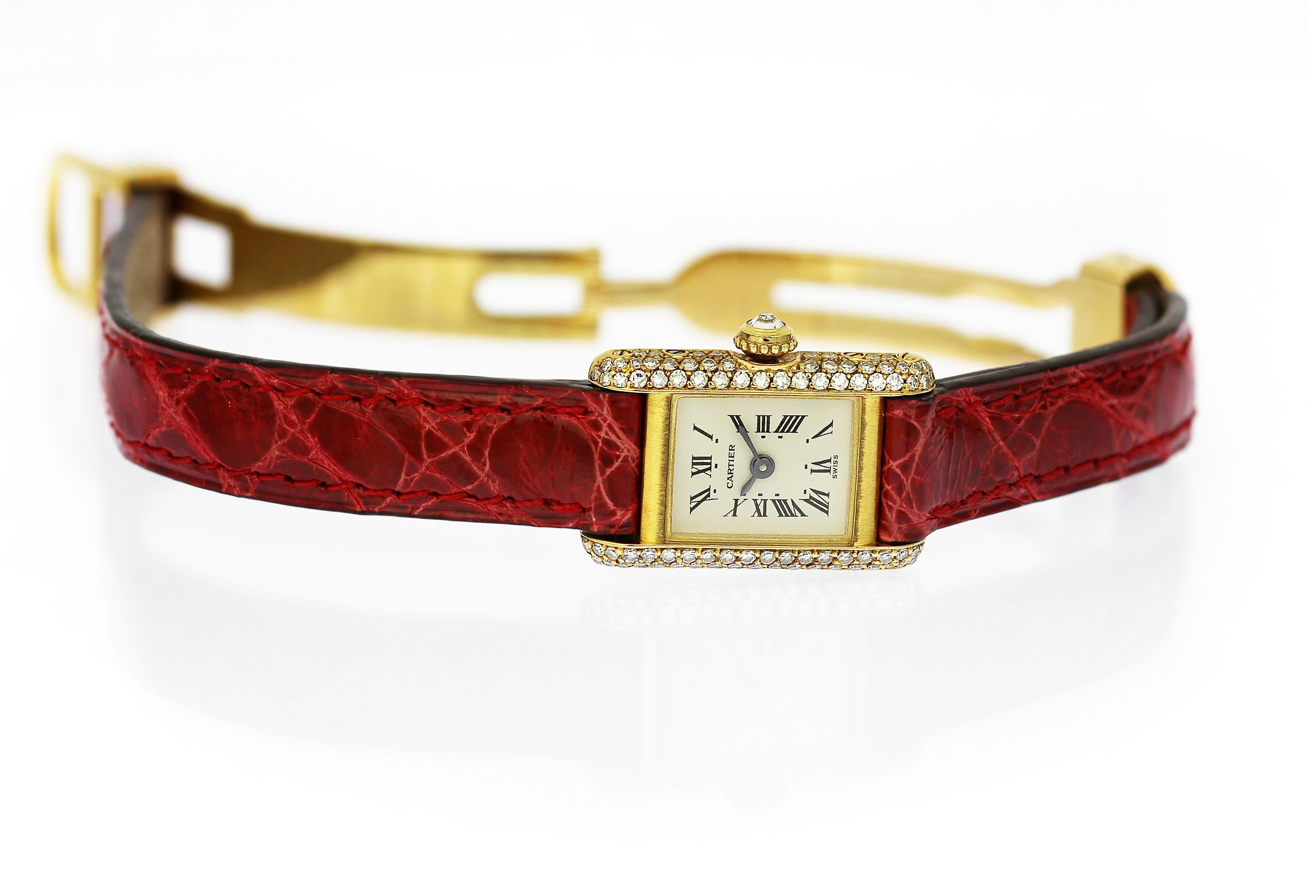 Single Cut Cartier Ladies Tank Watch in 18K Yellow Gold & Diamonds, Original Box