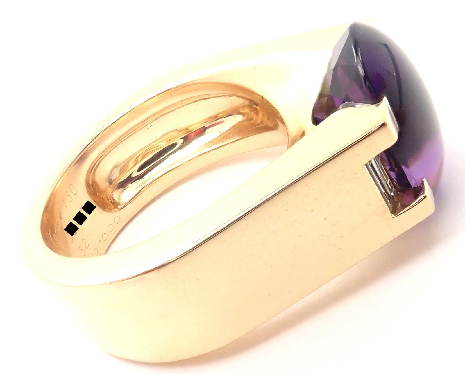 18k Yellow Gold Diamond Amethyst Tankissi Large Ring by Cartier.
With 2 baguette cut diamonds VVS1 clarity, G color
1 Oval Amethyst 12mm x 10mm
Details:
Size: European 52, US 6
Weight: 18.2 grams
Width:  12mm
Stamped Hallmarks: Cartier 750