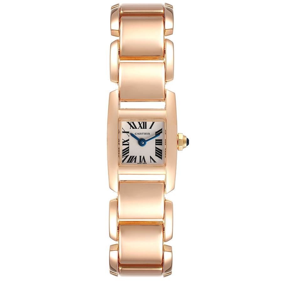 Cartier Tankissime Silver Dial Rose Gold Ladies Watch W650018H Box Papers. Quartz movement. 18K rose gold 25 x 16 mm case. Octagonal crown set with a blue sapphire. . Scratch resistant sapphire crystal. Silver dial with painted black radial roman