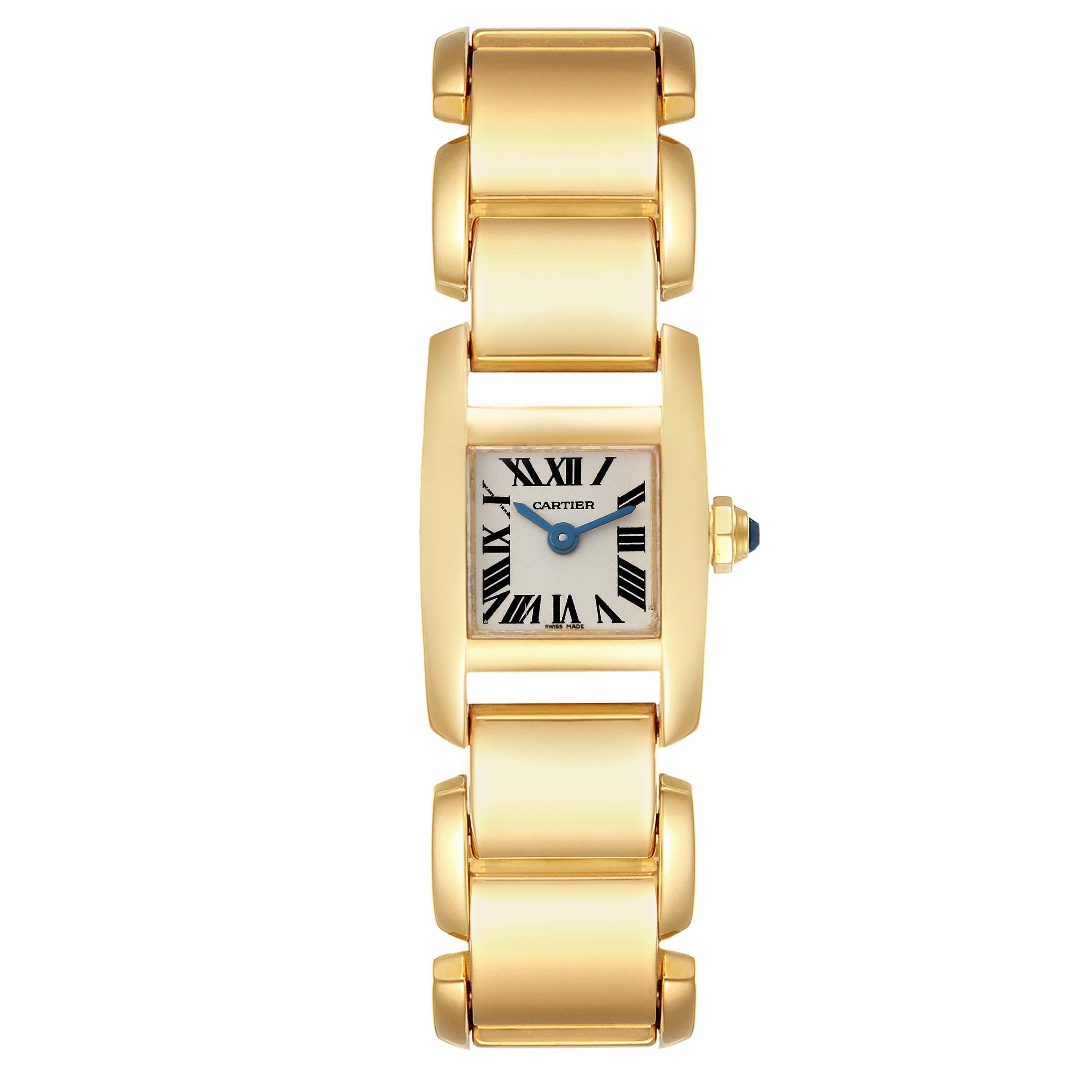 Cartier Tankissime Silver Dial Yellow Gold Ladies Watch W650037H. Quartz movement. 18K yellow gold 25 x 16.5 mm case. Octagonal crown set with faceted blue sapphire. . Scratch resistant sapphire crystal. Silver dial with black radial Roman numerals.