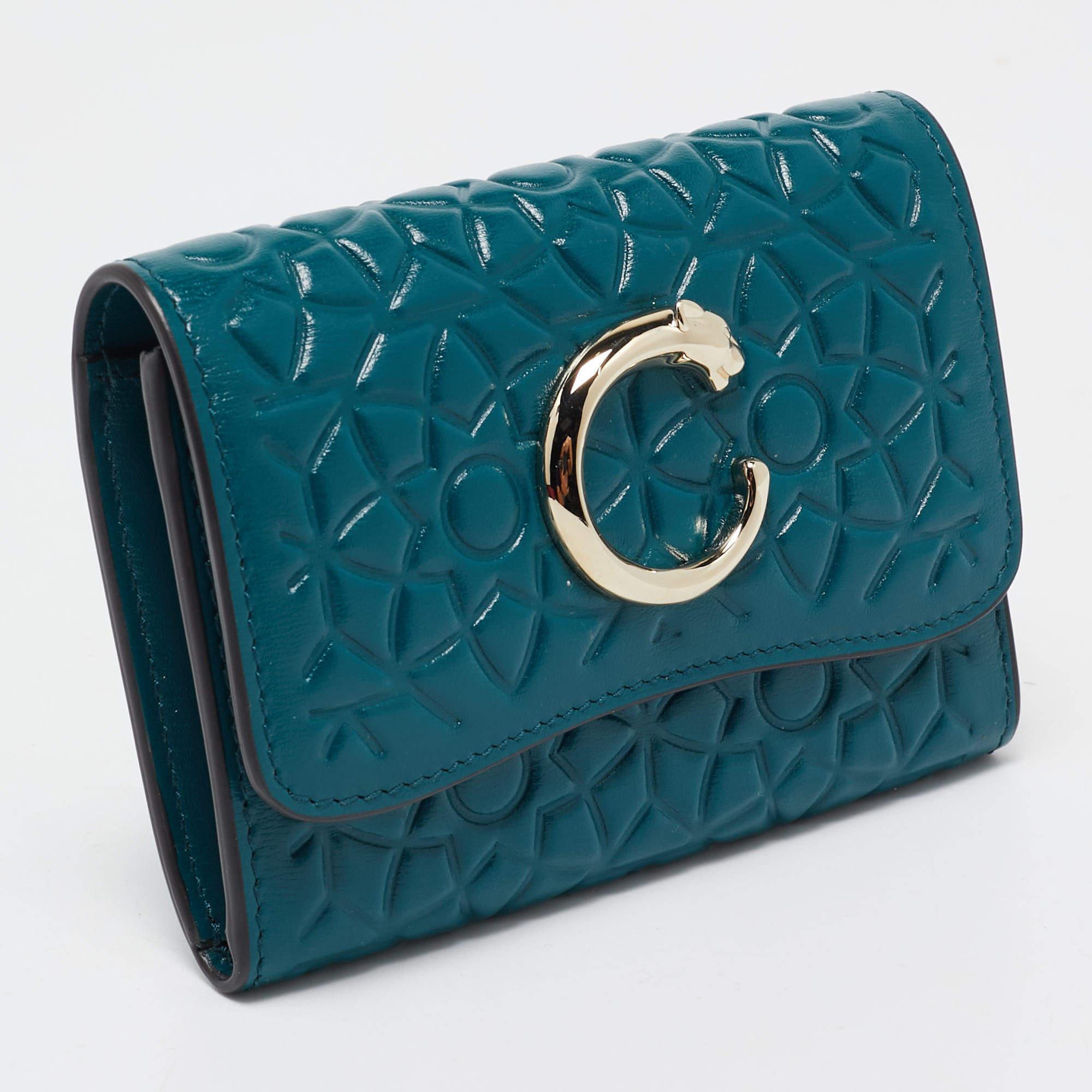 Women's Cartier Teal Green Embossed Leather Panthere De Cartier Card Case