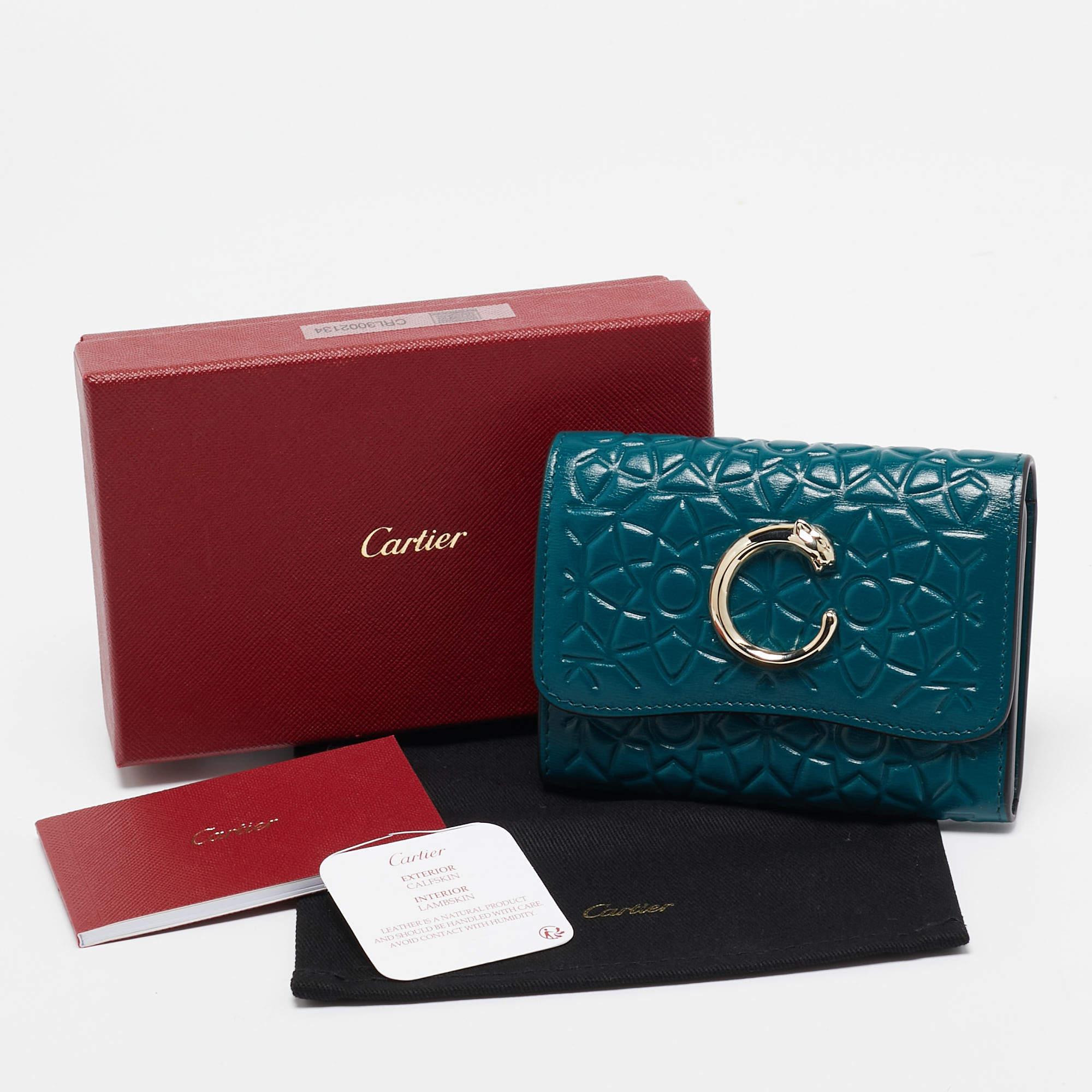 Cartier Teal Green Embossed Leather Panthere De Cartier Card Case 4