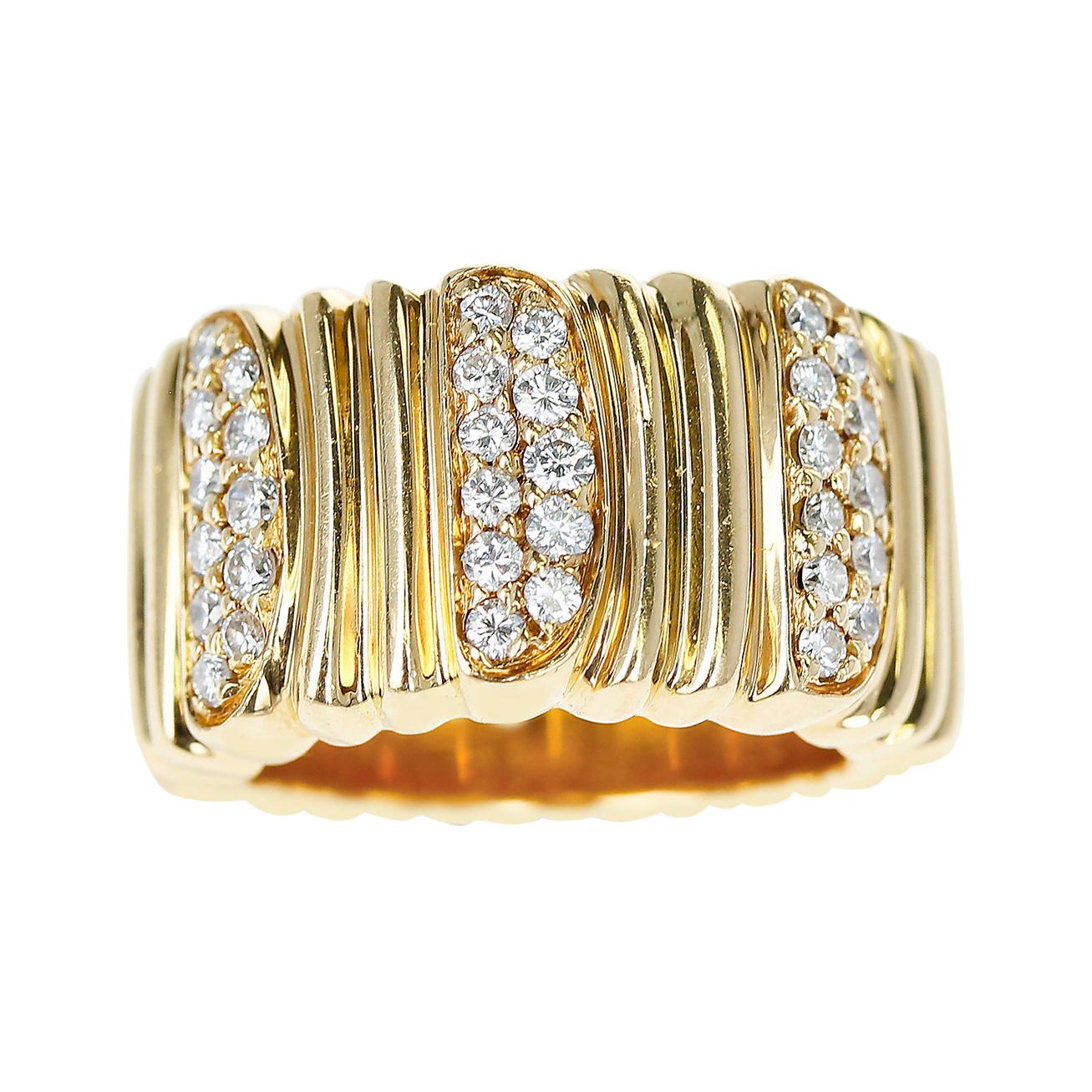 Cartier Textured 18 Karat Yellow Gold and Diamond Band Ring