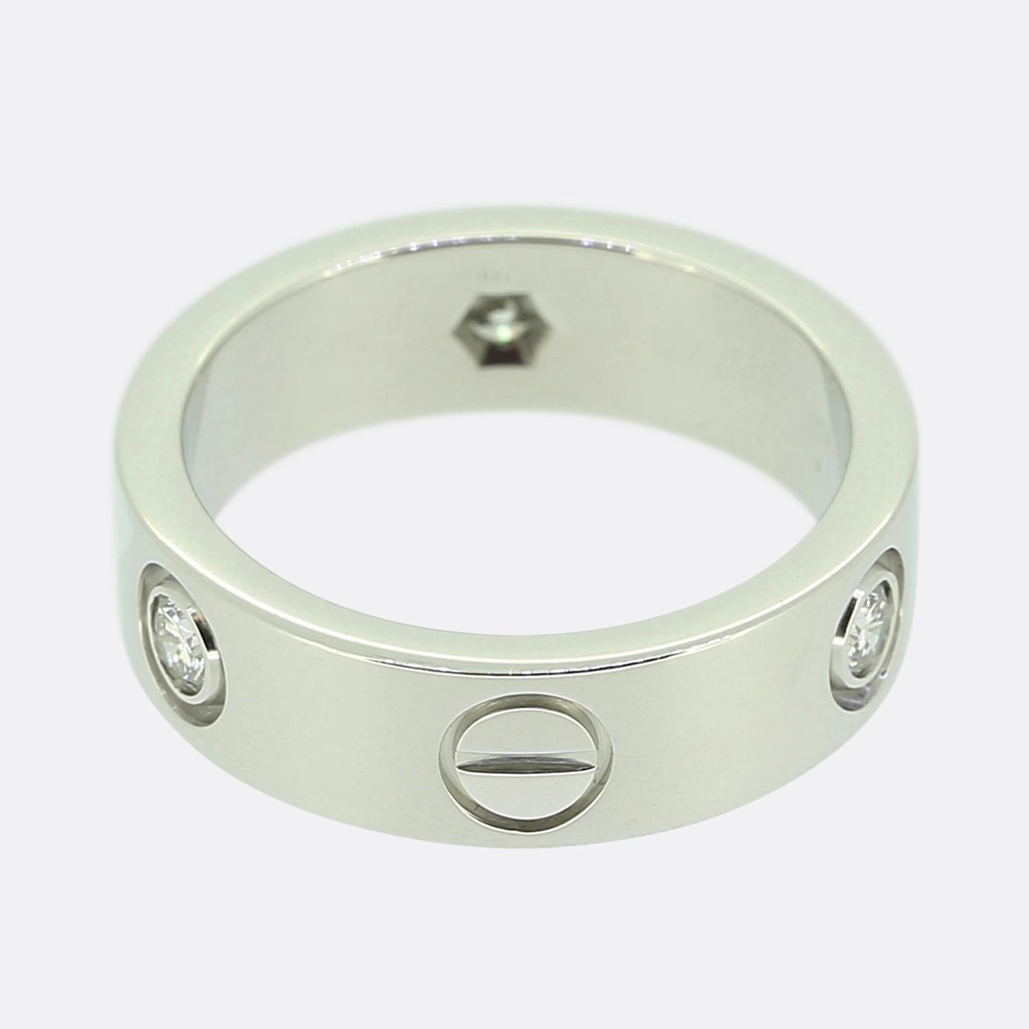 Here we have an 18ct white gold ring from the world the renowned luxury jewellery house of Cartier. This ring forms part of their LOVE collection and showcases three round brilliant cut diamonds alongside the iconic screw motif.

Condition: Used