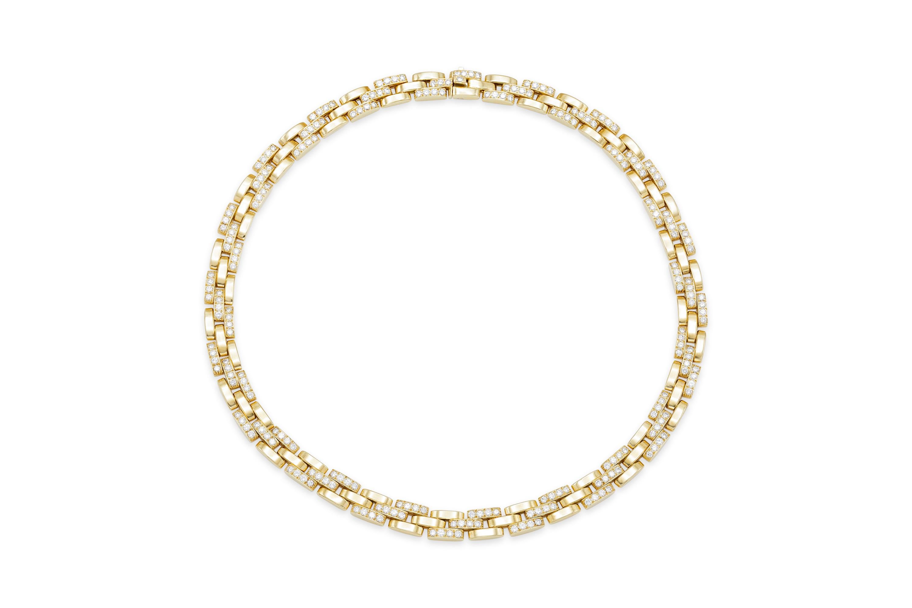 Finely crafted in 18K yellow gold with round-brilliant cut diamonds weighing 6.10 carats total featured on alternating maillon links.
Size 16 1/2 inches.
Signed and numbered by Cartier, from their Panthere collection.
Comes with Cartier