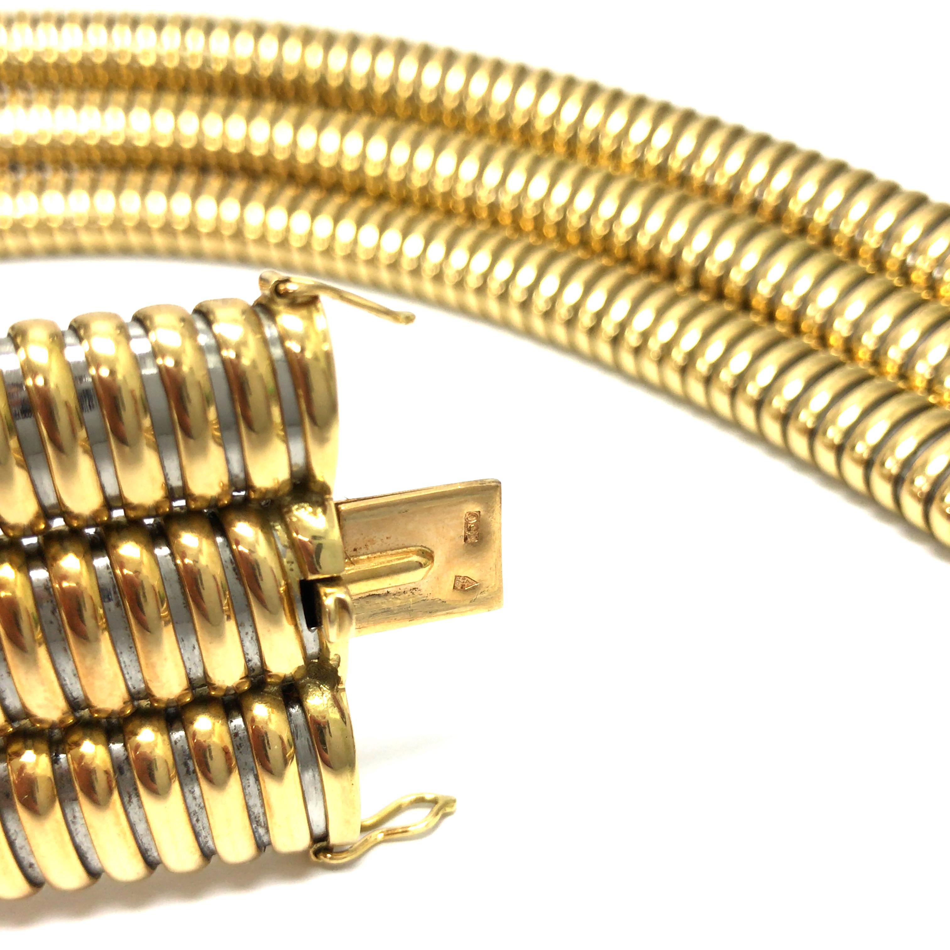 Cartier Three Row Tubogaz Necklace Steel 18K Yellow Gold In Good Condition In Boca Raton, FL