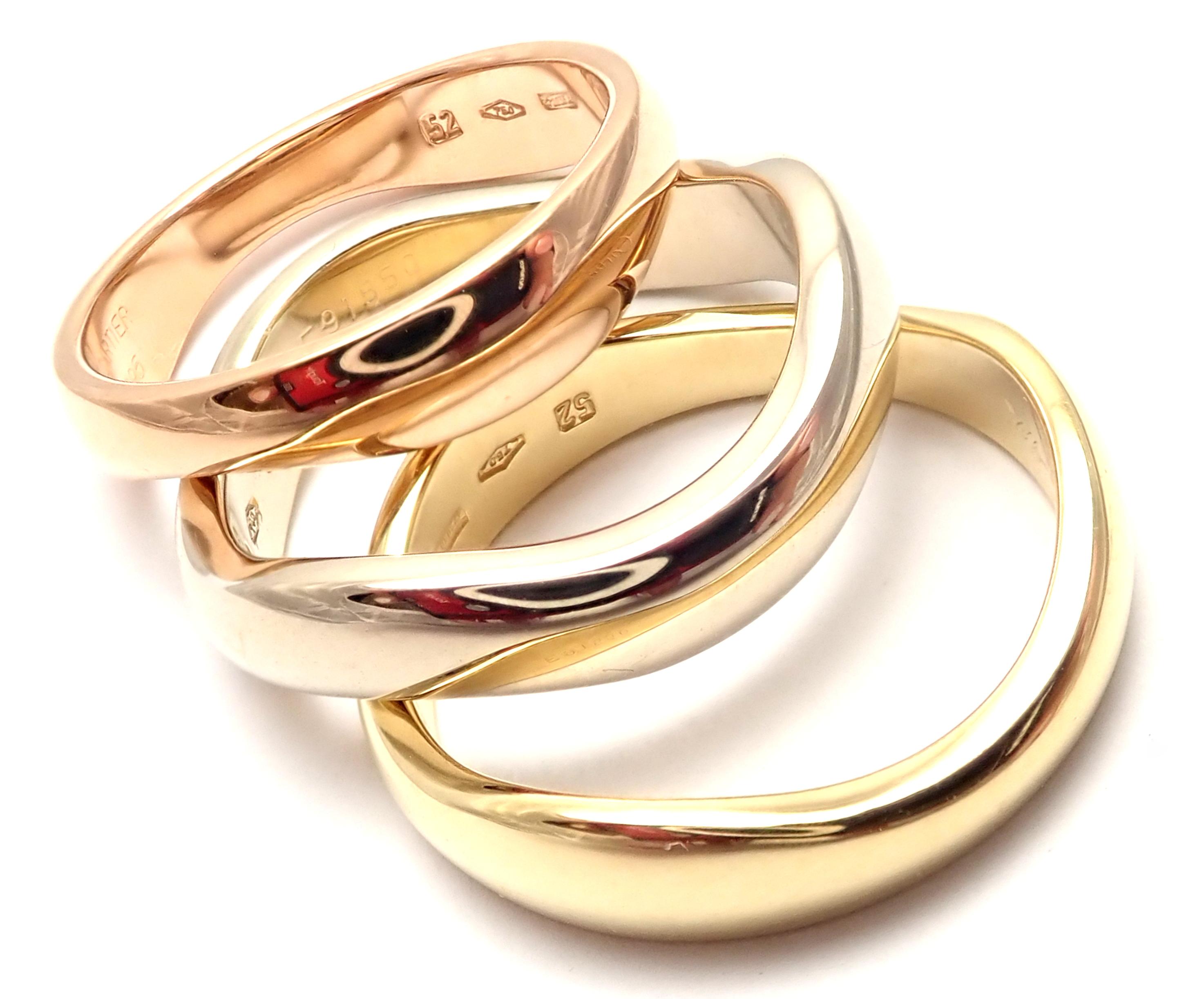 18k White, Yellow And Rose Gold Three Band Ring By Cartier.
Details:
Size: Europe 52, US 6
Band width: each band 5mm all three 15mm
Weight: 14.8 grams
Stamped Hallmarks: Cartier 750 52 E91550 1995
*Free Shipping within the United States*
YOUR PRICE: