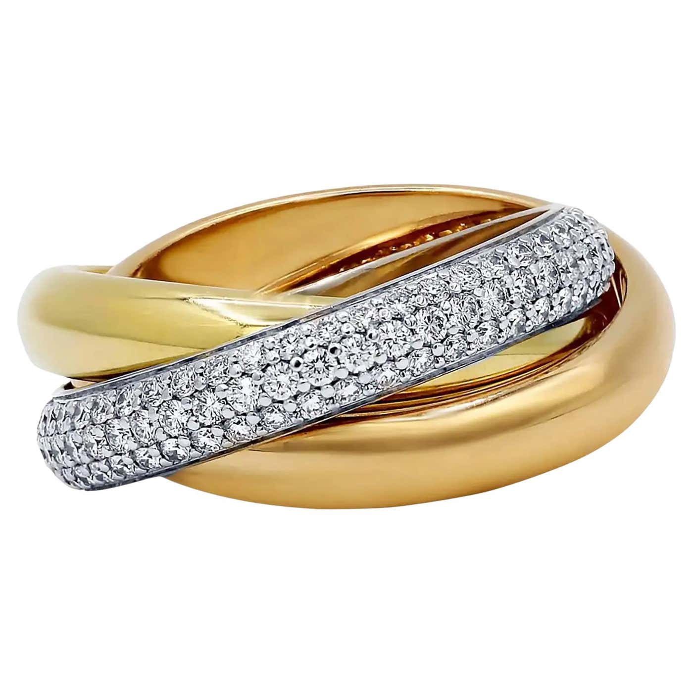 Three Gold Rings Cartier Three-Tone Gold Diamond 'Trinity' Ring For Sale at 1stDibs