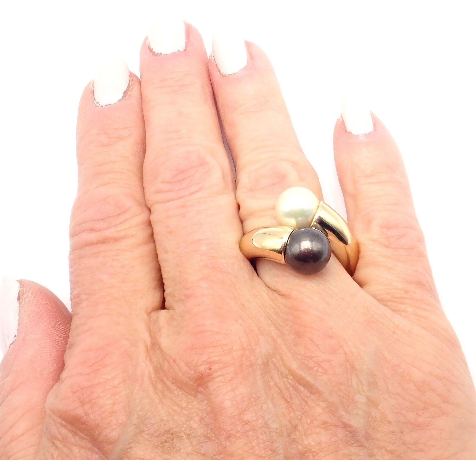 Cartier Toi Et Moi White Black Pearl Two Pearls Bypass Yellow Gold Band Ring 6