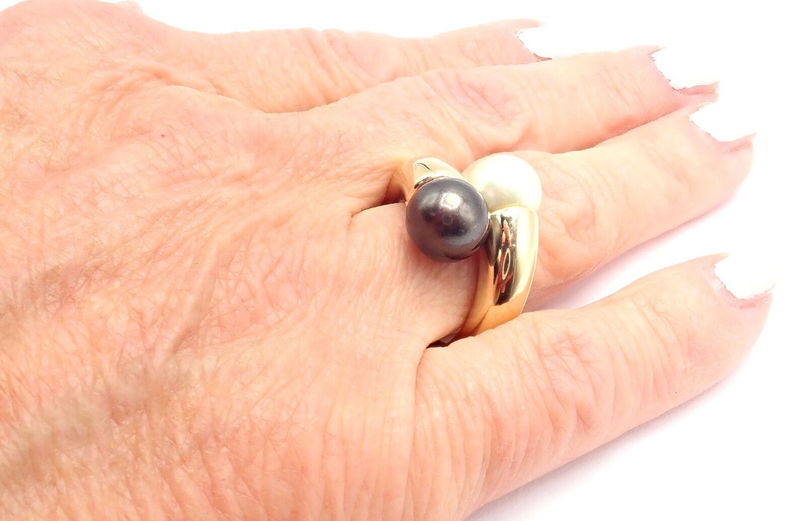 Cartier Toi Et Moi White Black Pearl Two Pearls Bypass Yellow Gold Band Ring 7