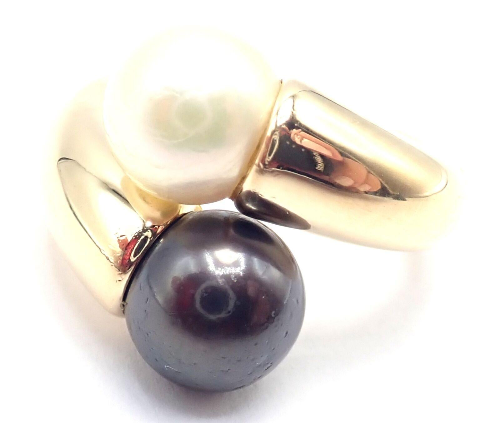 Bead Cartier Toi Et Moi White Black Pearl Two Pearls Bypass Yellow Gold Band Ring