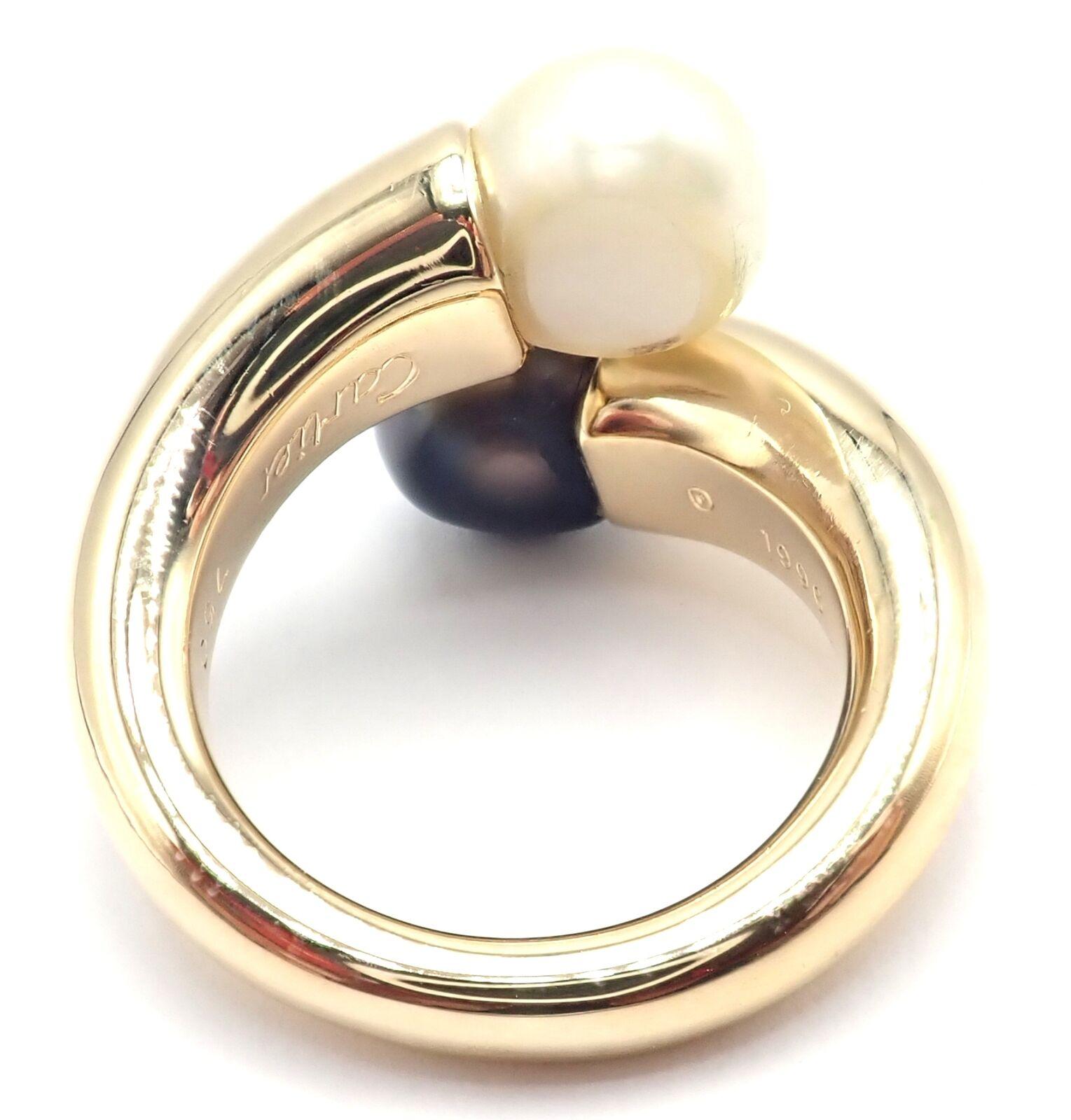 Women's or Men's Cartier Toi Et Moi White Black Pearl Two Pearls Bypass Yellow Gold Band Ring