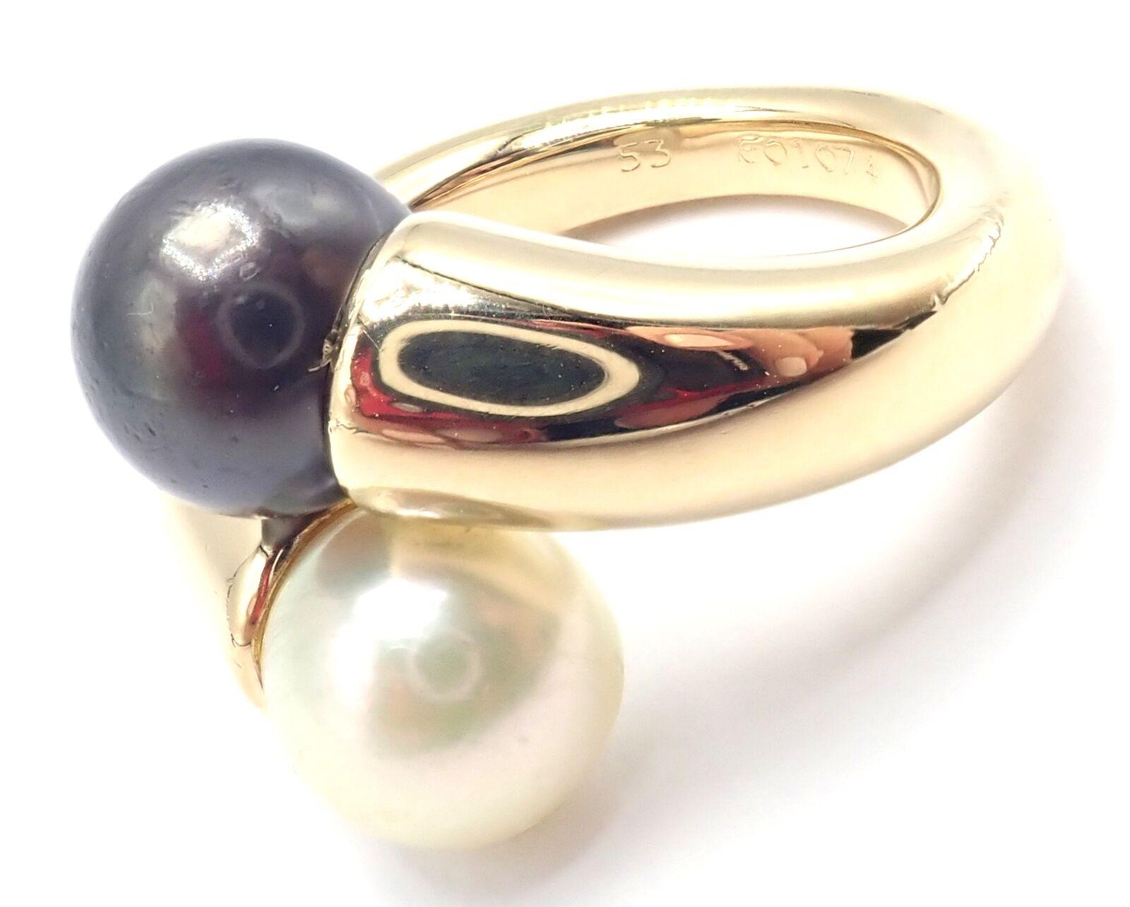 Cartier Toi Et Moi White Black Pearl Two Pearls Bypass Yellow Gold Band Ring 1