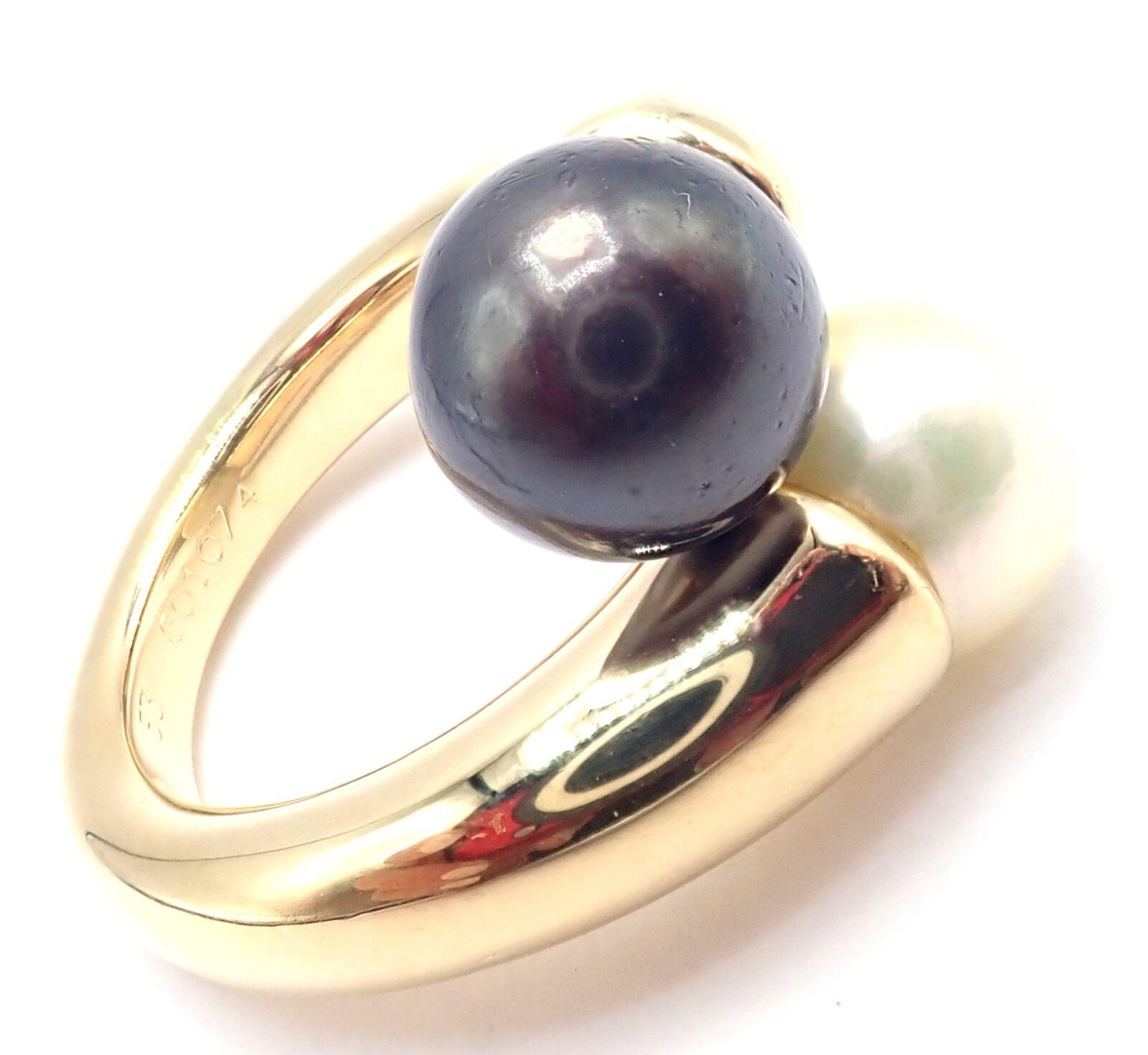 Cartier Toi Et Moi White Black Pearl Two Pearls Bypass Yellow Gold Band Ring 2