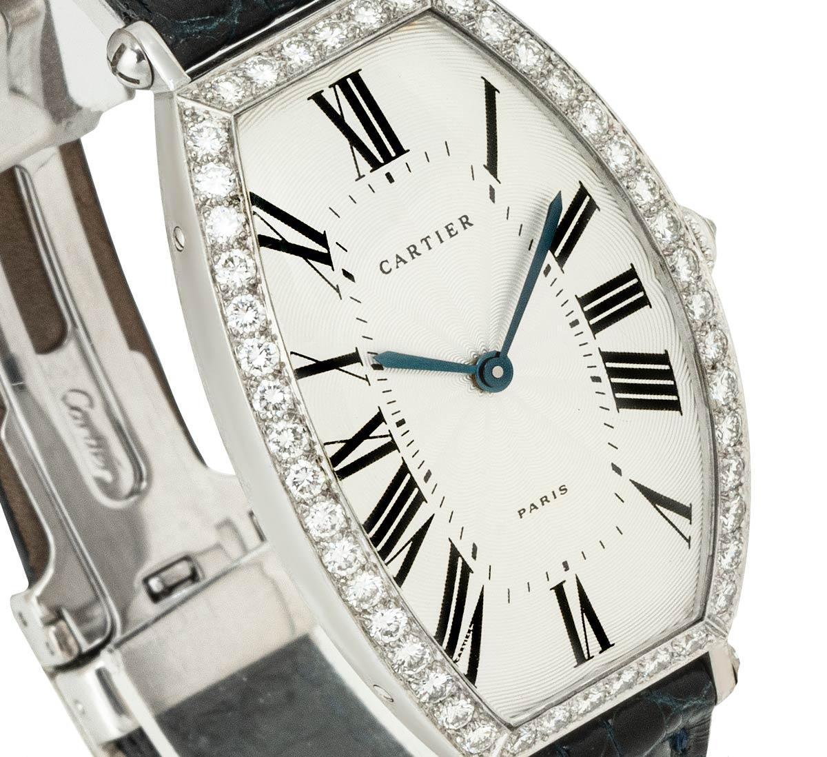 Round Cut Cartier Tonneau Cintree White Gold Diamond Bezel