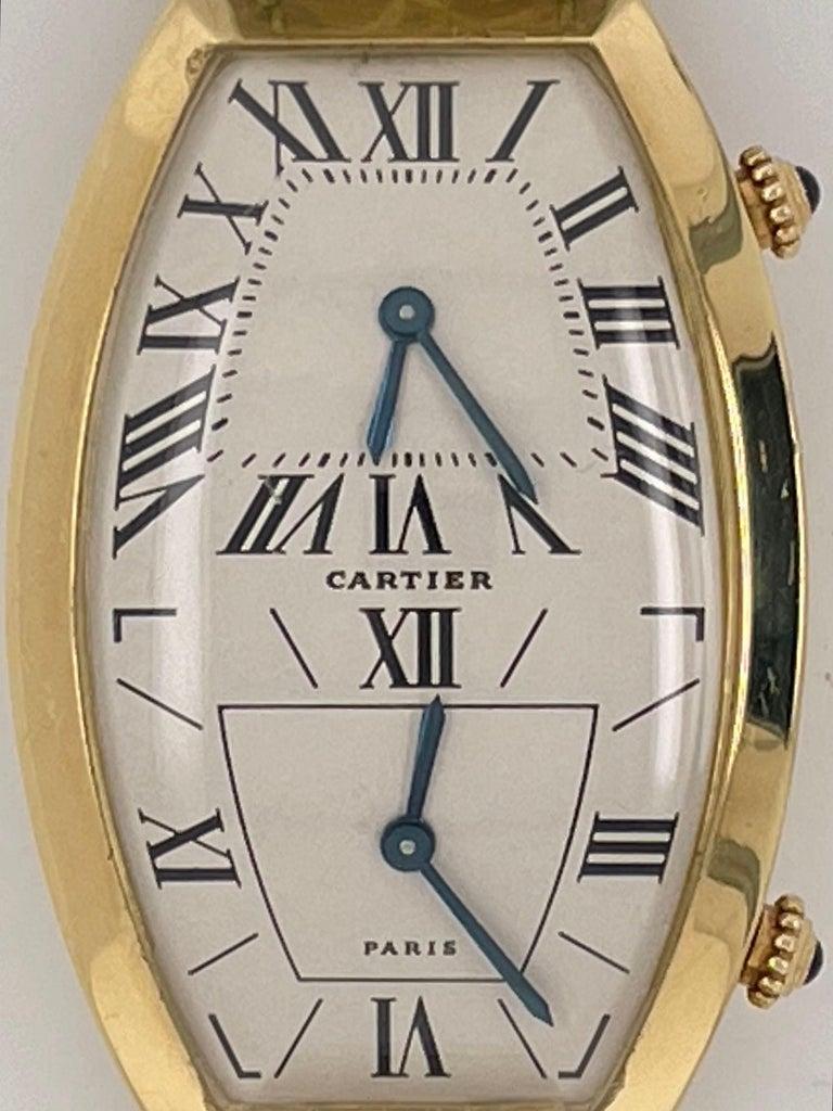 Contemporary Cartier Tonneau Duel Time Ladies Wristwatch, 18Kt, Vintage For Sale