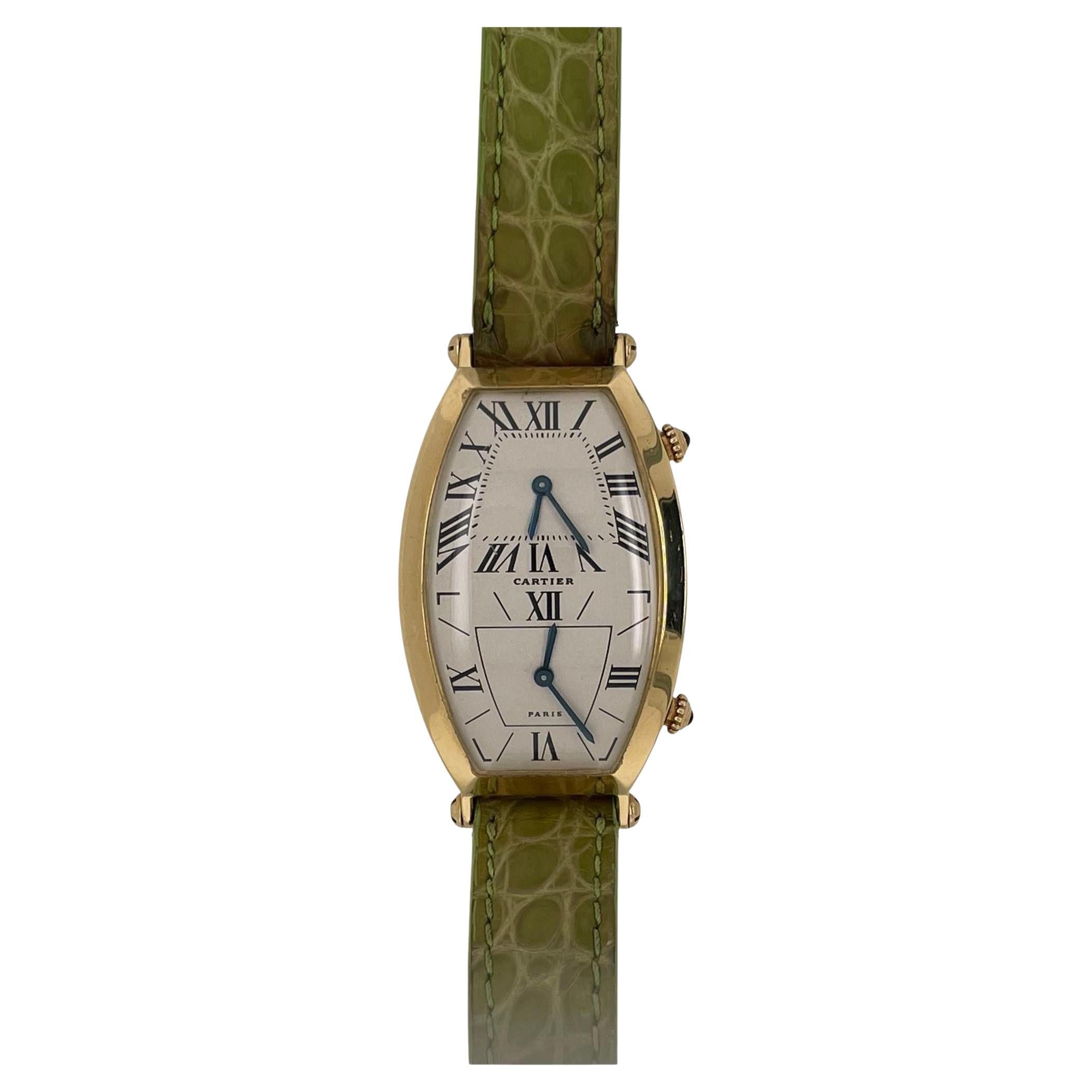 Cartier Tonneau Duel Time Ladies Wristwatch, 18Kt, Vintage For Sale