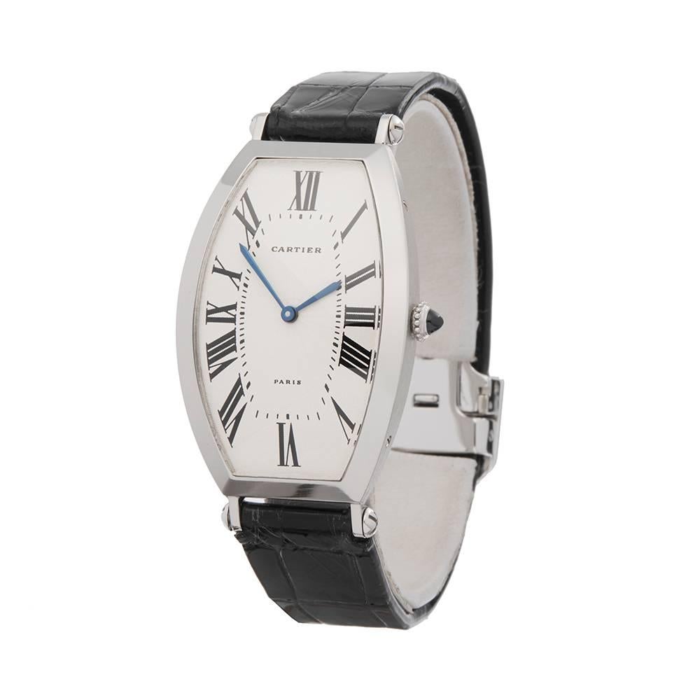 Ref: W4798
Manufacturer: Cartier
Model: Tonneau
Model Ref: 1098
Age: 
Gender: Mens
Complete With: Box Only
Dial: White Roman 
Glass: Sapphire Crystal
Movement: Mechanical Wind
Water Resistance: To Manufacturers Specifications
Case: Platinum
Buckle