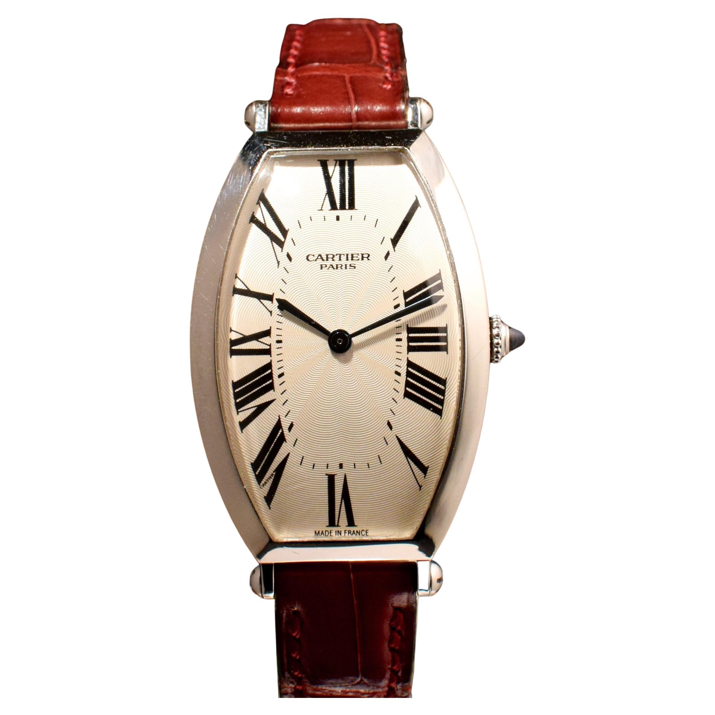 Cartier Tonneau PT950 Platin 2435B Große Armbanduhr mit Handaufzug 1990 im Angebot