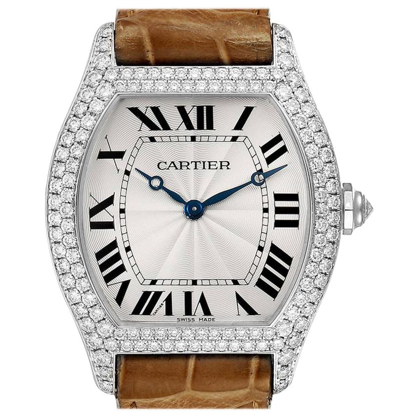 Cartier Tortue 18 Karat White Gold Diamond Men's Watch WA504351 For Sale