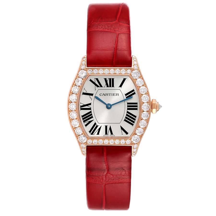 Cartier Tortue 18k Rose Gold Diamond Bezel Red Strap Ladies Watch 2645. Manual winding movement. 18K rose gold case 34.0 x 28.0 mm. Octagonal crown set with the diamond. Original Cartier factory diamond bezel and lugs. Exhibition sapphire caseback.