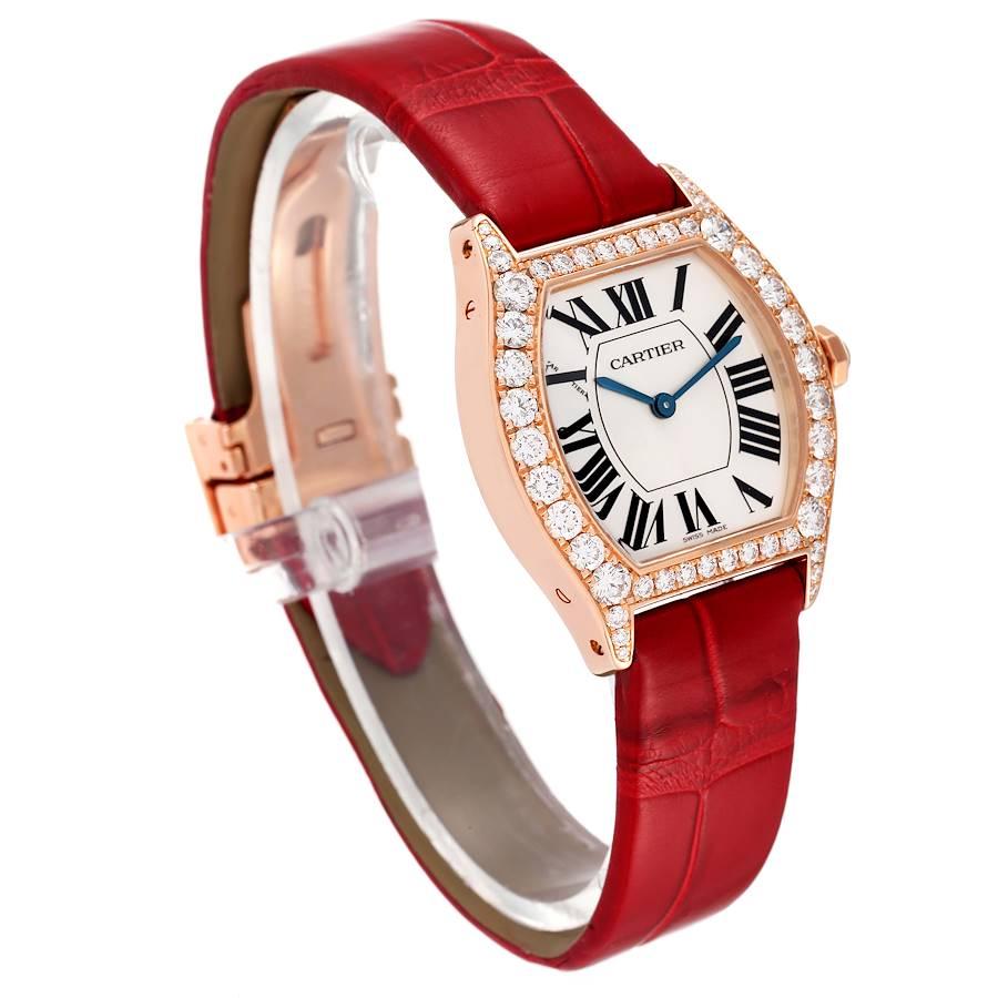 Cartier Tortue 18k Rose Gold Diamond Bezel Red Strap Ladies Watch 2645 In Excellent Condition In Atlanta, GA