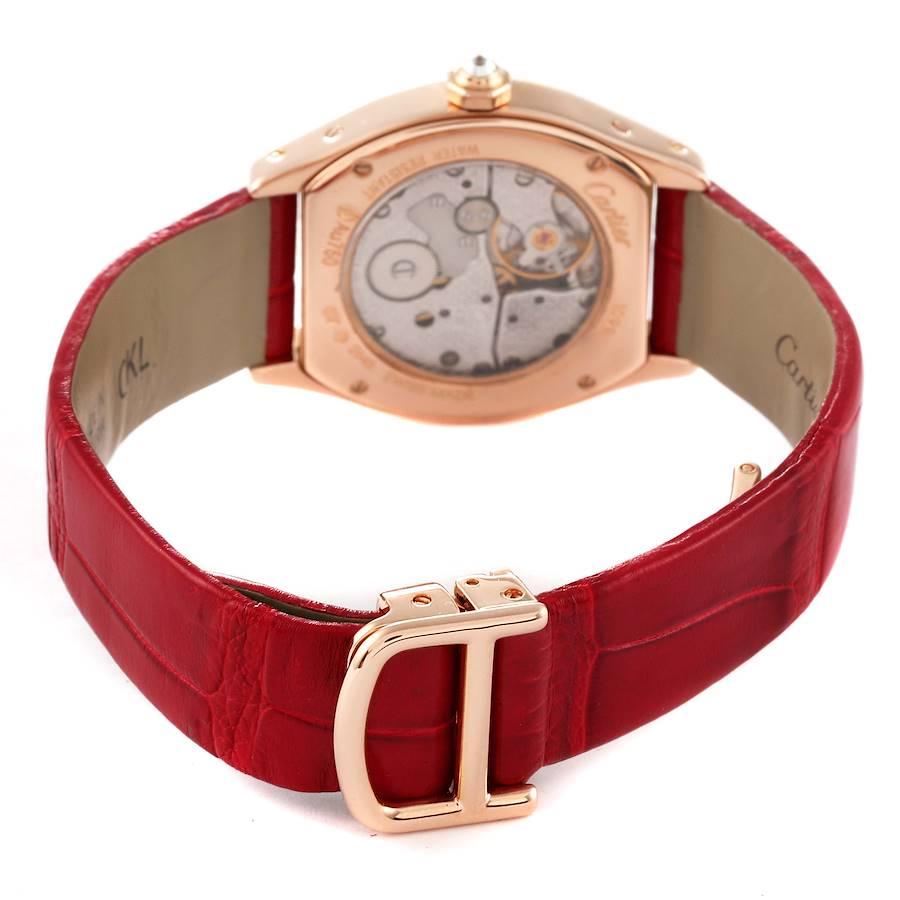 Cartier: 18 Karat Ros�égold Damenuhr mit rotem Riemen und Tortue-Diamant-Lünette 2645 im Angebot 4
