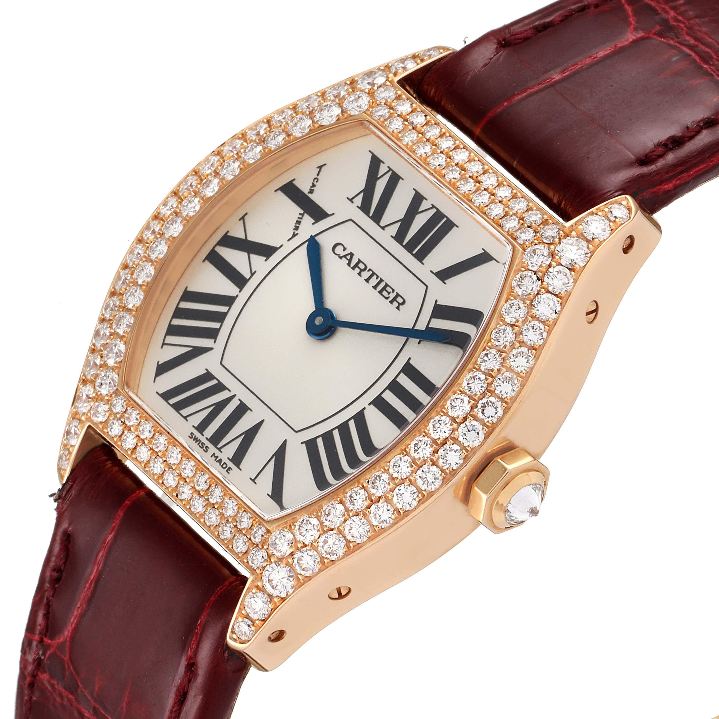 Cartier Tortue 18k Rose Gold Diamond Burgundy Strap Ladies Watch 2645 In Excellent Condition In Atlanta, GA