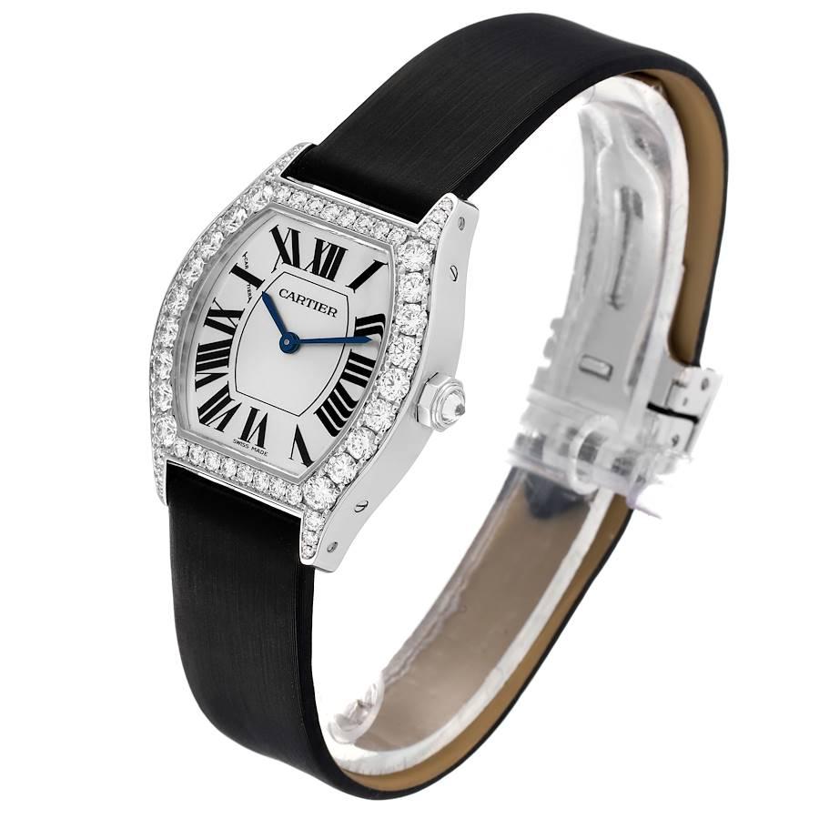 Cartier Tortue 18k White Gold Diamond Black Strap Ladies Watch WA507231 In Excellent Condition For Sale In Atlanta, GA