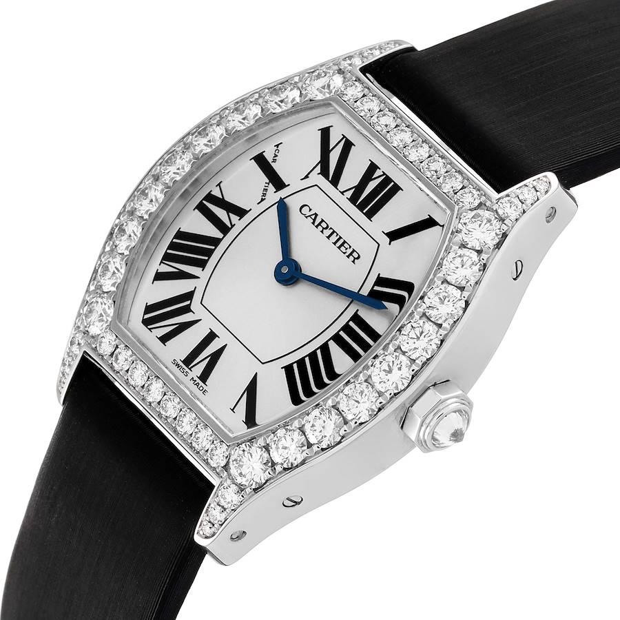 Women's Cartier Tortue 18k White Gold Diamond Black Strap Ladies Watch WA507231 For Sale