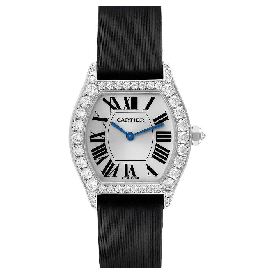 Cartier Tortue 18k White Gold Diamond Black Strap Ladies Watch WA507231 For Sale