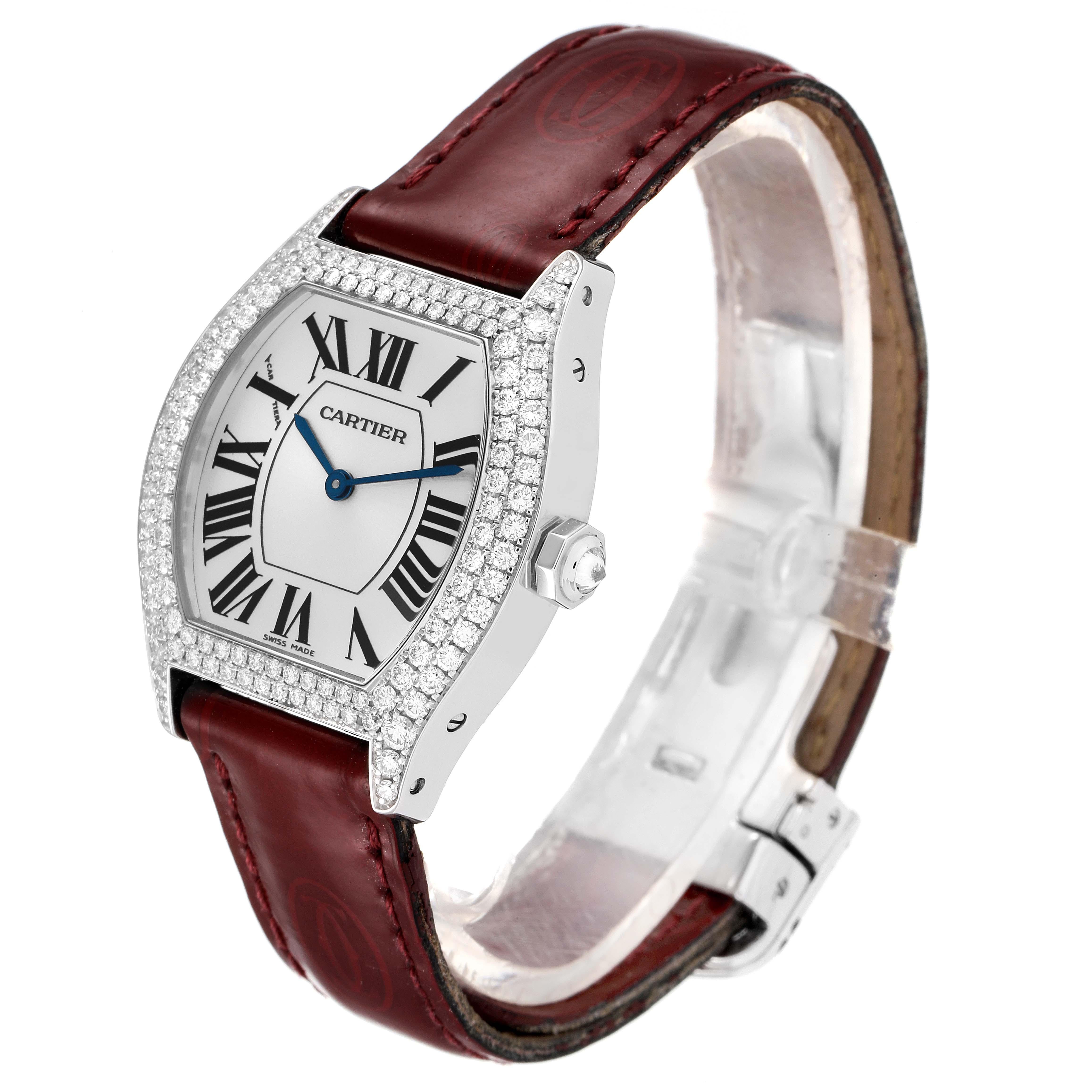 Cartier Tortue 18k White Gold Diamond Burgundy Strap Ladies Watch 2644 In Excellent Condition For Sale In Atlanta, GA