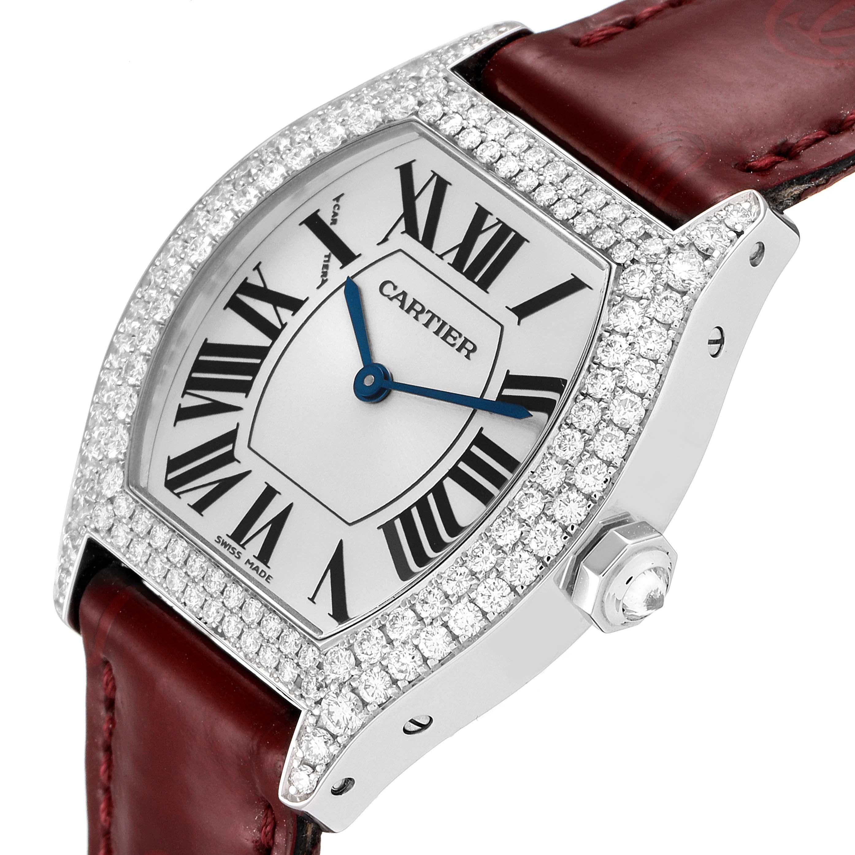 Women's Cartier Tortue 18k White Gold Diamond Burgundy Strap Ladies Watch 2644 For Sale