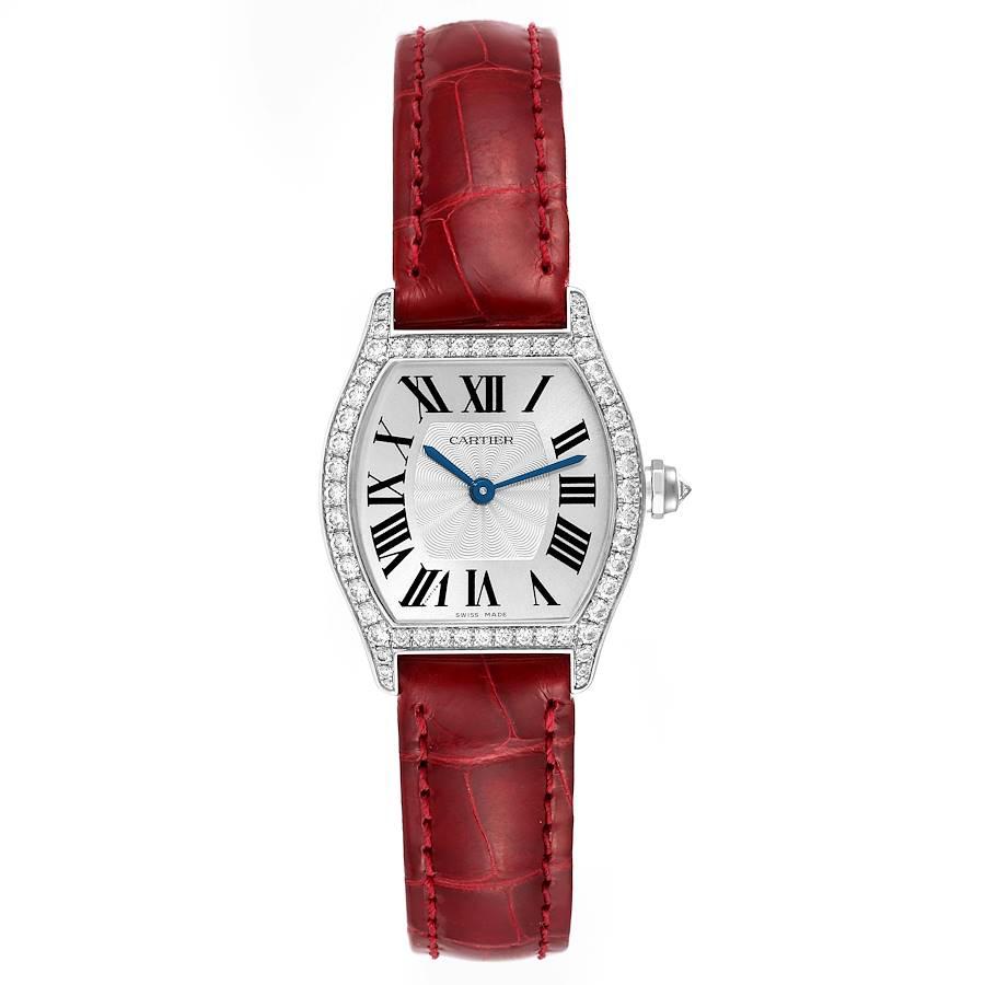 Cartier Tortue 18k White Gold Diamond Ladies Watch WA501007. Manual winding movement. 18K white gold case 24.0 x 30.0 mm. Octagonal crown set with the diamond. Diamond lugs. 18K white gold bezel with factory Cartier diamonds. Scratch resistant