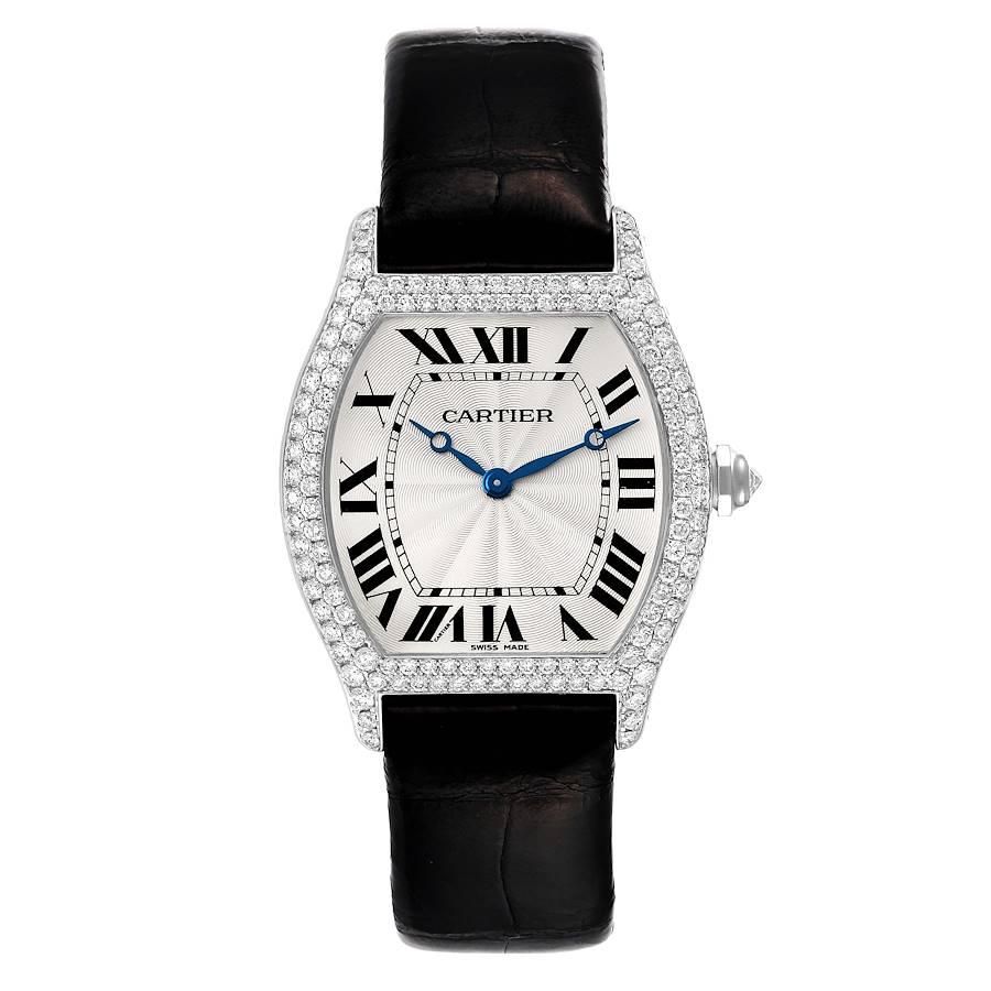 Cartier Tortue 18K White Gold Diamond Mens Watch WA504351. Manual-winding movement. 18K white gold case 33.0 x 34.0 mm. Octagonal crown set with the diamond. Transparent exhibition sapphire crystal caseback. 18K white gold bezel set with Original