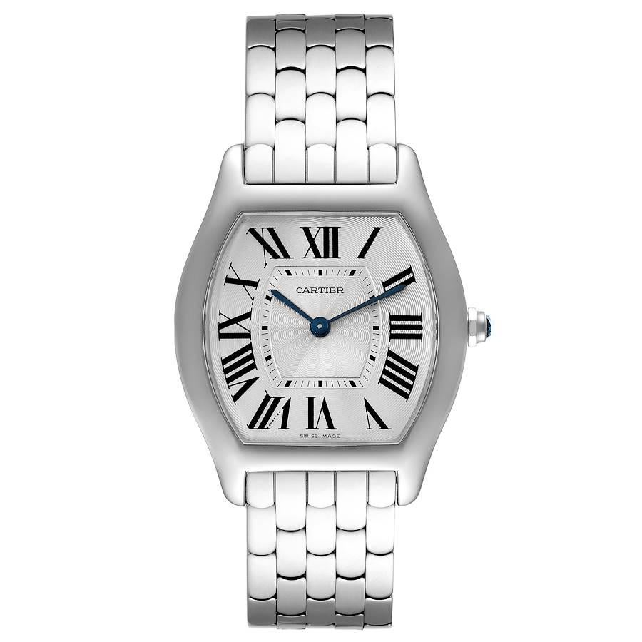 Cartier Tortue 18k White Gold Silver Dial Ladies Watch 3701 Box Papers. Manual winding movement. 18K white gold case 31.0 x 39.0 mm. Octagonal crown set with the blue cabochon. 18K white gold bezel. Scratch resistant sapphire crystal. Silver sunray