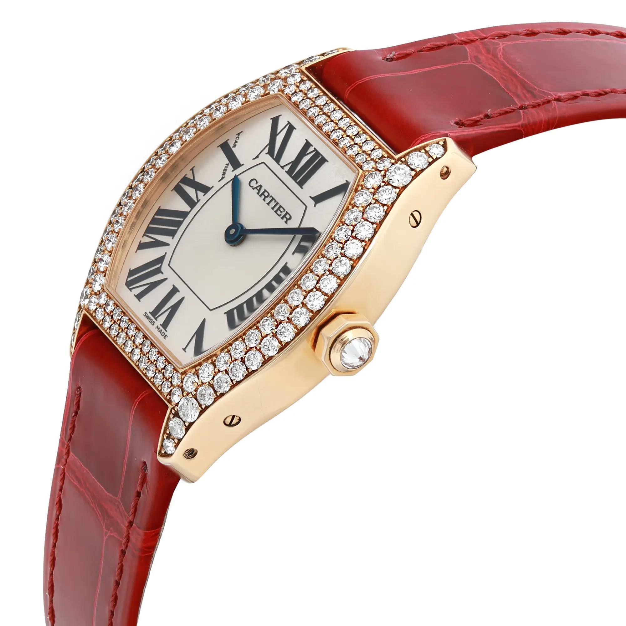 Cartier Tortue 18K Yellow Gold Diamond Silver Dial Hand Wind Ladies Watch 2643 In Excellent Condition In New York, NY
