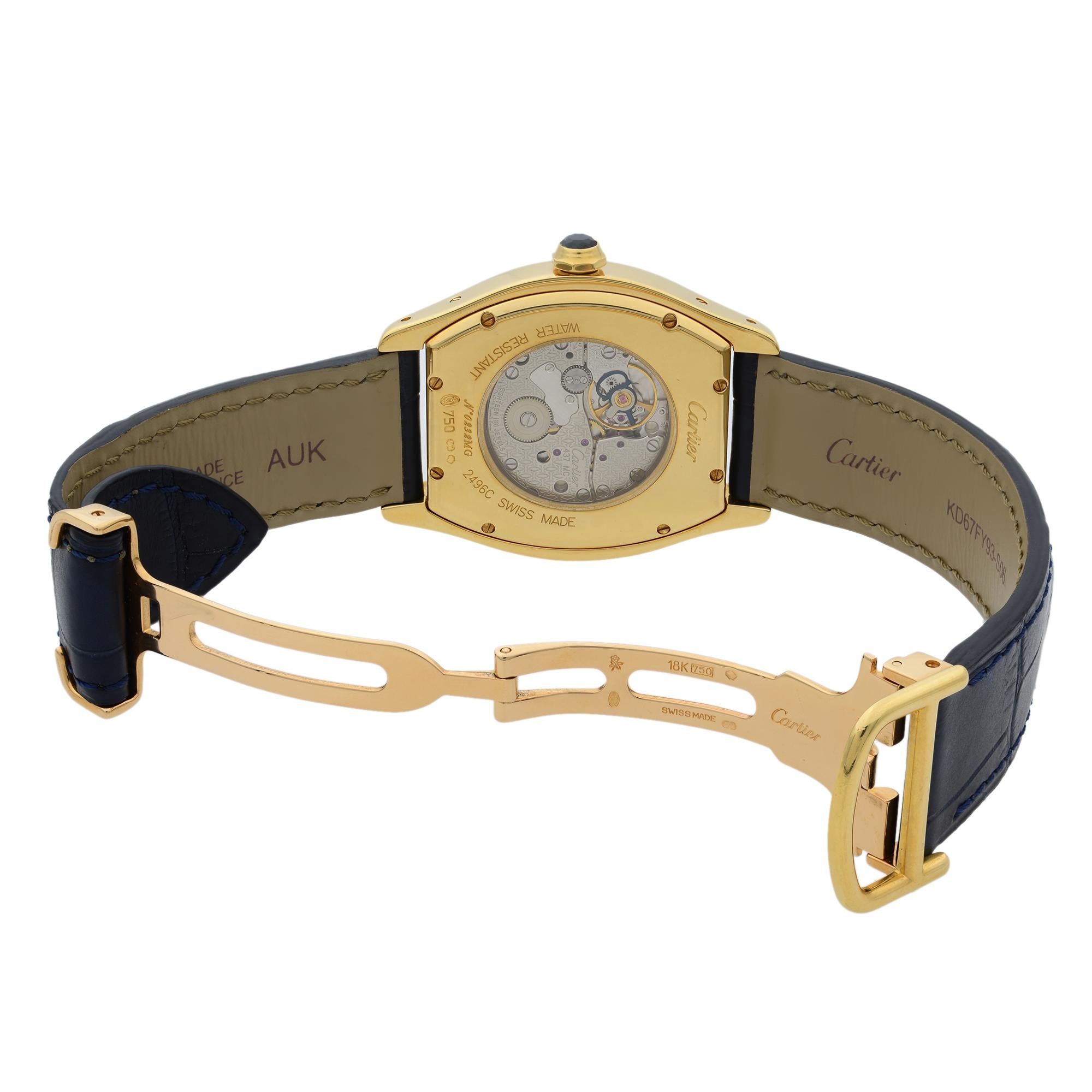 Cartier Tortue 18 Karat Gold Guilloche Silver Dial Hand Wind Men’s Watch 2496C In Excellent Condition In New York, NY