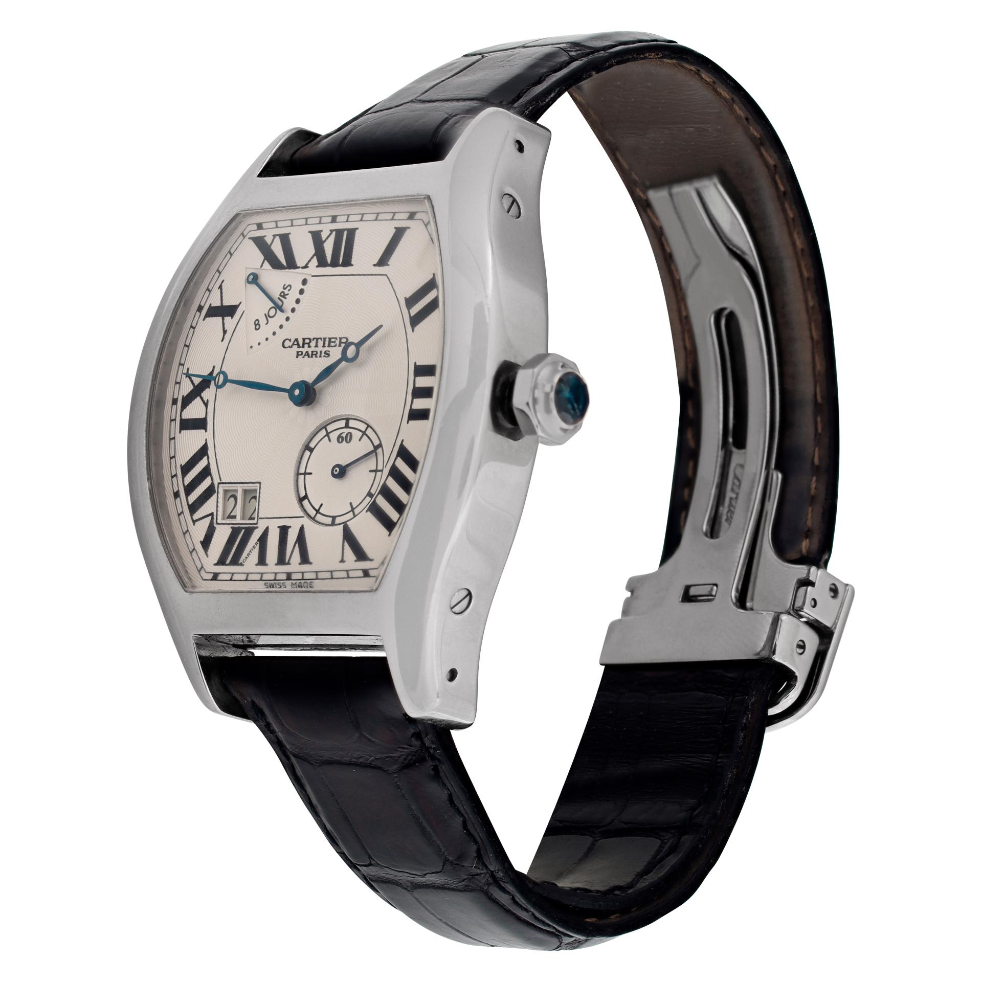 Limited Edition Cartier Tortue XL 8-Day in 18k white gold on leather strap with deployant buckle. Manual wind movement under glass w/ subseconds, date and power reserve. 38 mm case size. Ref W1545951. Fine Pre-owned Cartier Watch.

 Certified