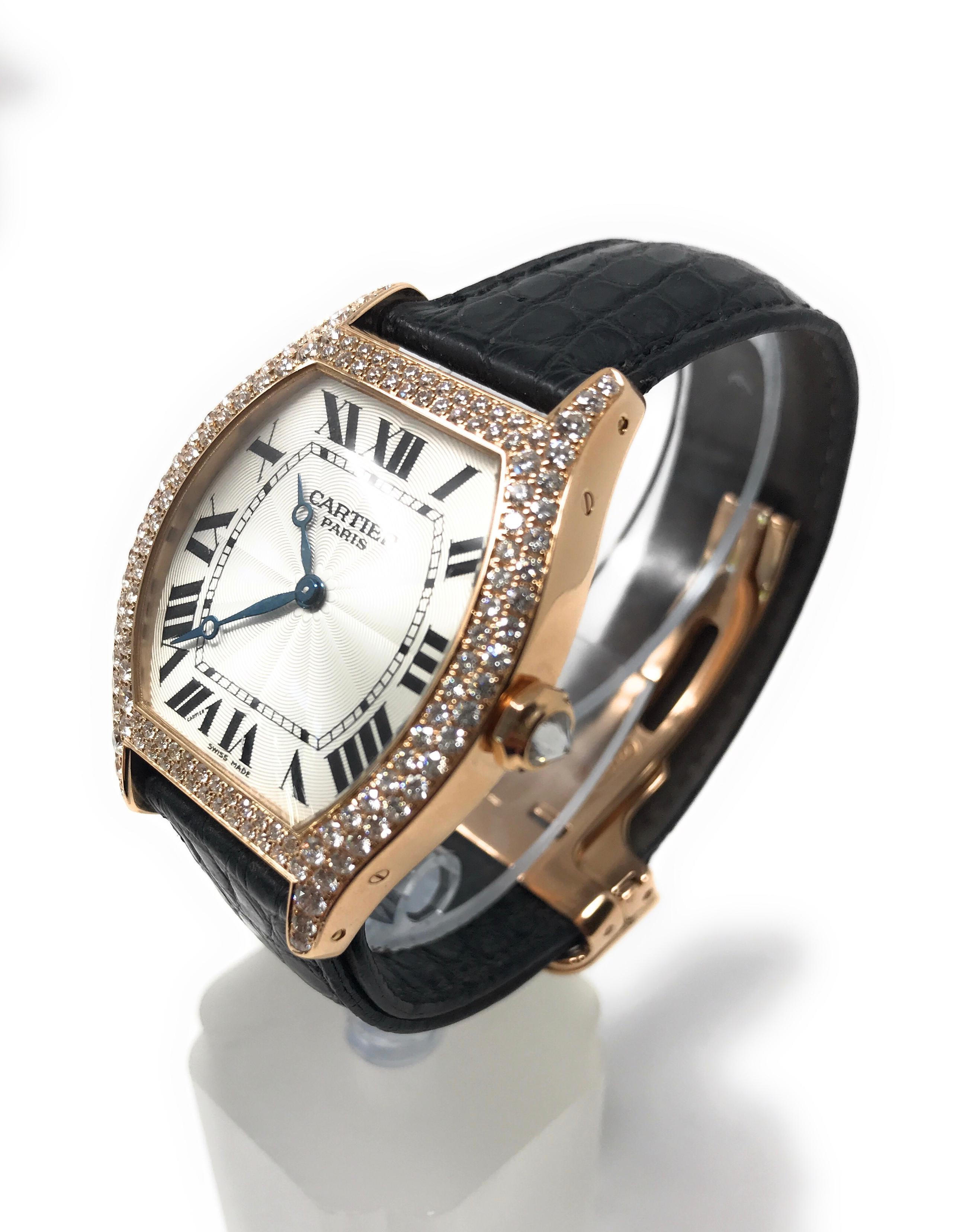 Cartier Tortue Collection De Privee Rose Gold With Diamonds  ( Medium Size )
Reference # WA503951
Case material: Rose Gold 
Case size: 34mm x 33mm
Case thickness: 8.5 mm
Bezel: Set with round brilliant cut diamonds in 2 rows
Crown: 18 karat rose
