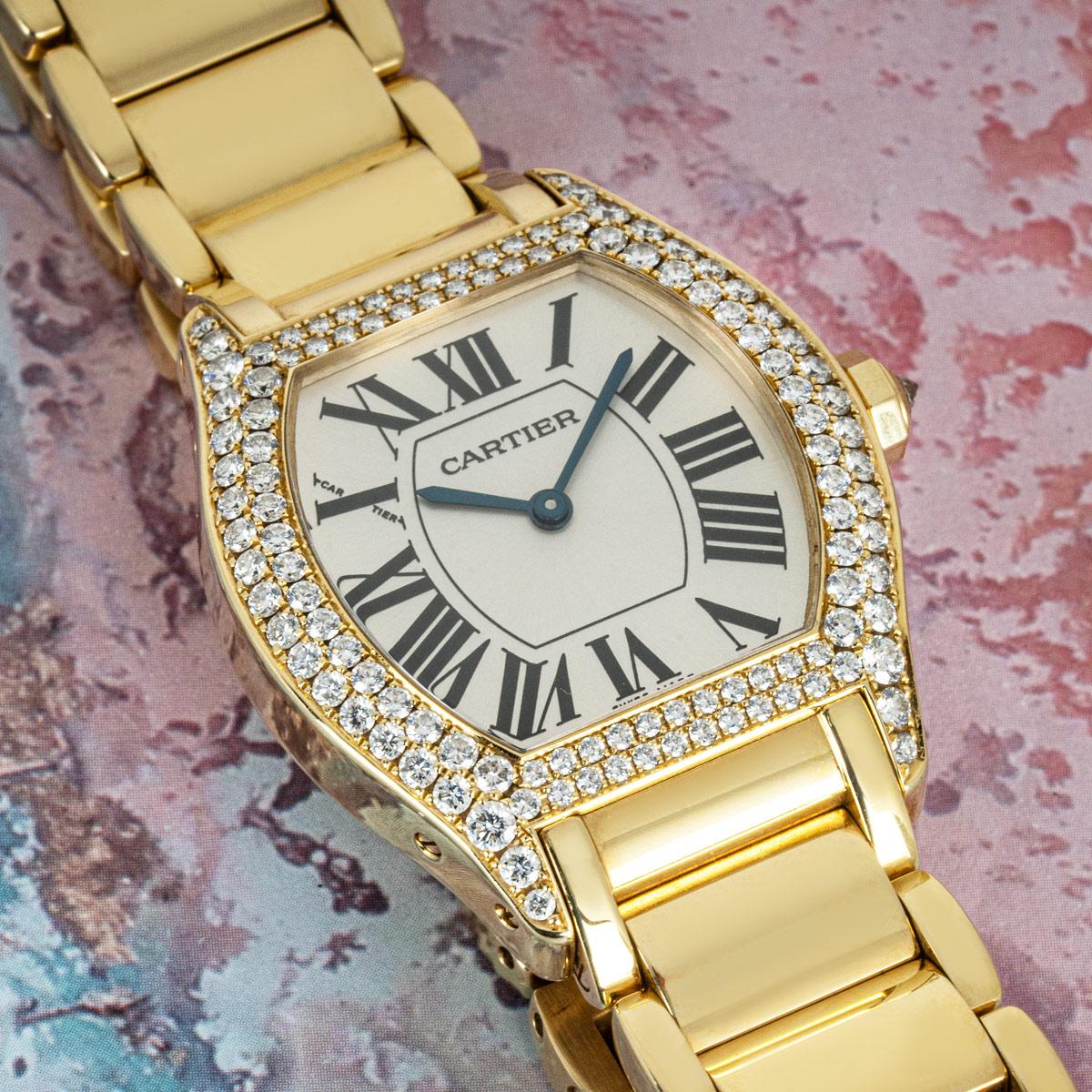 Round Cut Cartier Tortue Diamond Set Yellow Gold Watch 2643