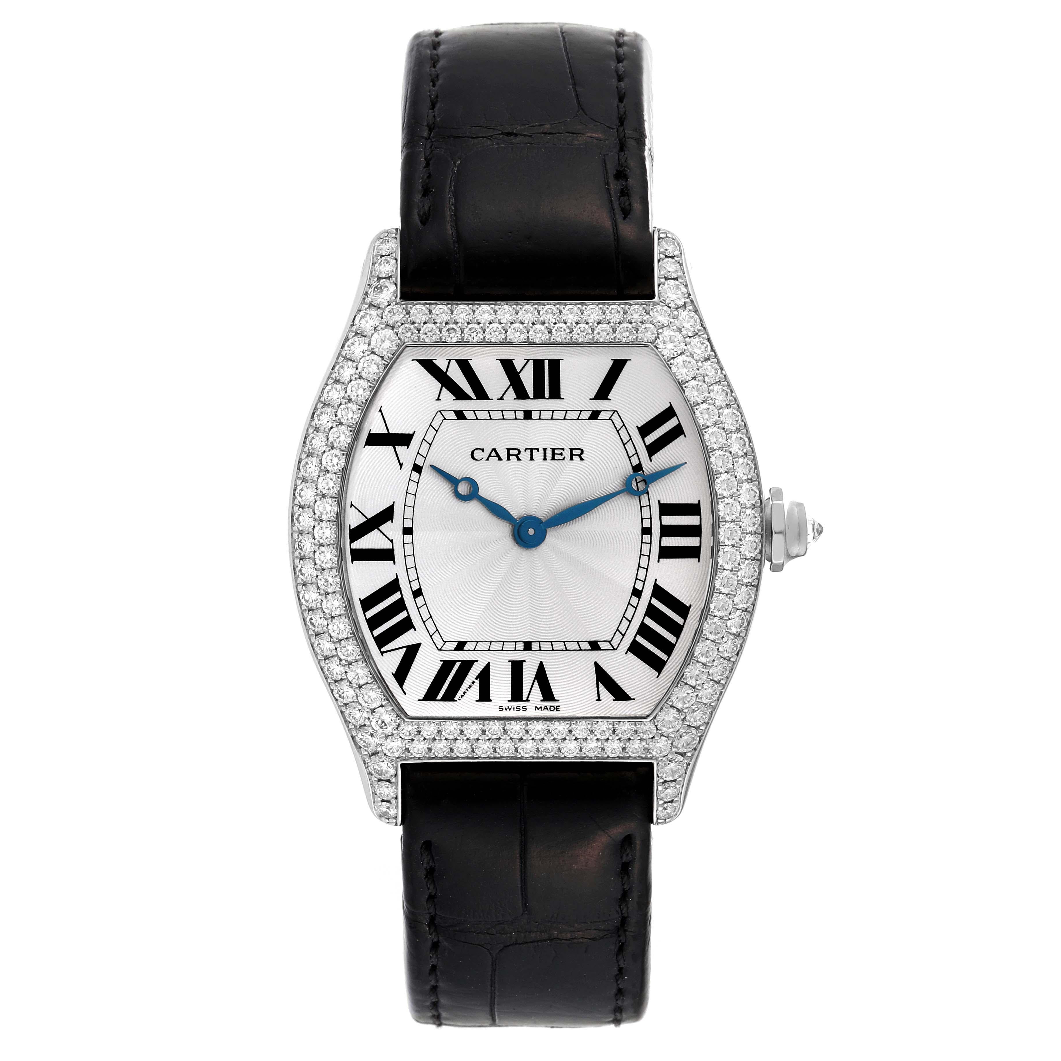 Men's Cartier Tortue Large White Gold Diamond Mens Watch WA503851 Box Card For Sale
