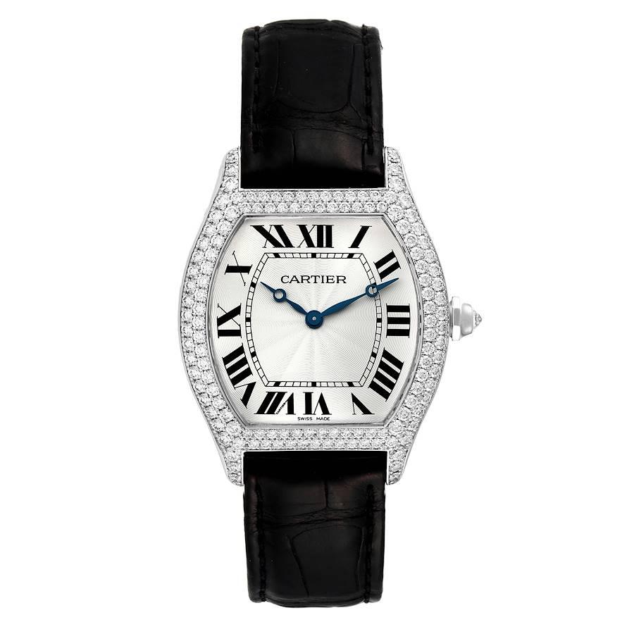 Cartier Tortue Large White Gold Diamond Mens Watch WA503851. Manual-winding movement. 18K white gold case 34.5 x 43 mm. Octagonal crown set with an original Cartier factory diamond. Transparent exhibition sapphire crystal caseback. 18K white gold