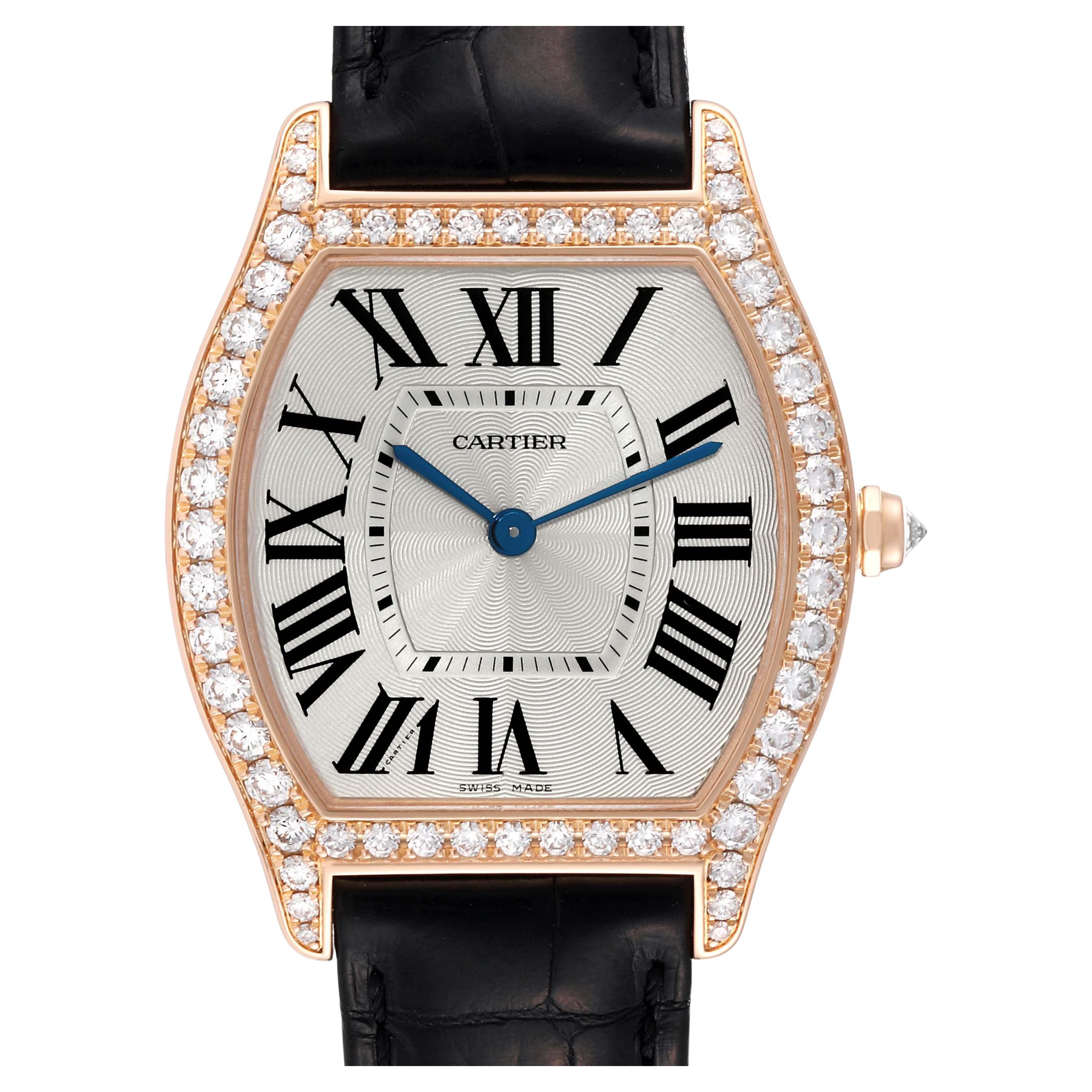 Cartier Tortue Medium 18K Rose Gold Diamond Bezel Mens Watch WA501008 Card