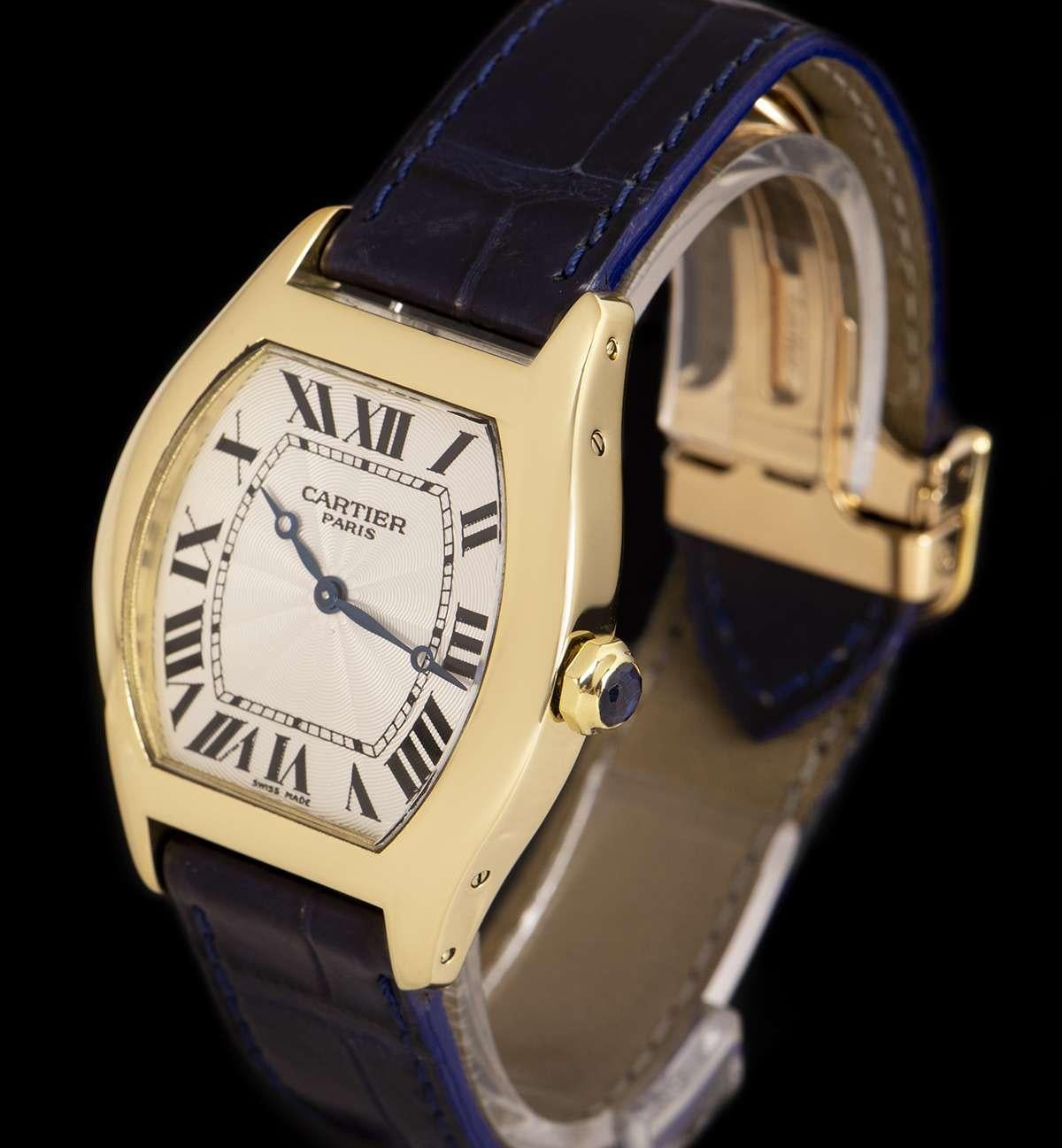 An 18k Yellow Gold Tortue Mid-Size Wristwatch, silver guilloche dial with roman numerals and a secret signature at 