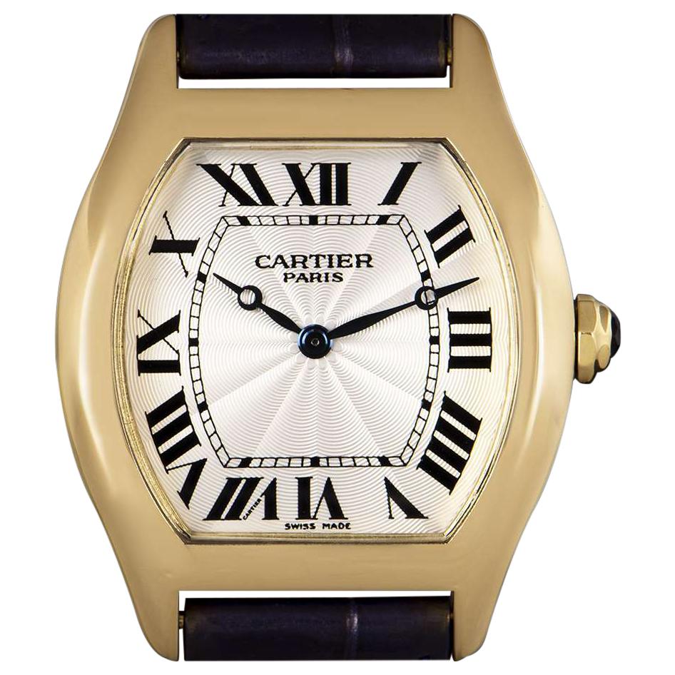 Cartier Tortue Mid-Size Yellow Gold Silver Guilloche Dial Watch
