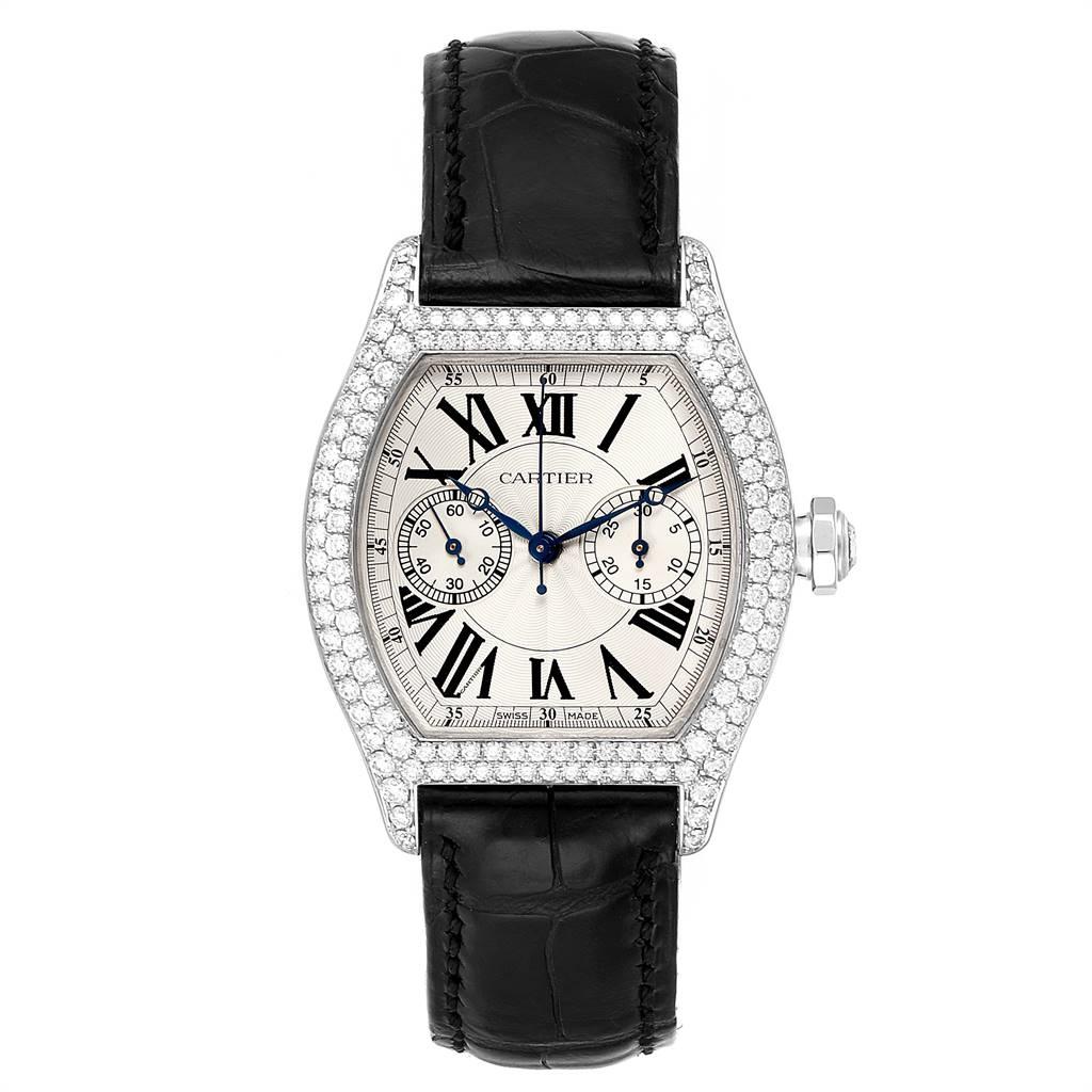 Cartier Tortue Monopusher Chronograph White Gold Diamond Watch 2396G. Manual-winding movement. 18K white gold case 34.0 x 43.0 mm. Octagonal crown set with the diamond. Transparent exhibition sapphire crystal caseback. 18K white gold bezel set with