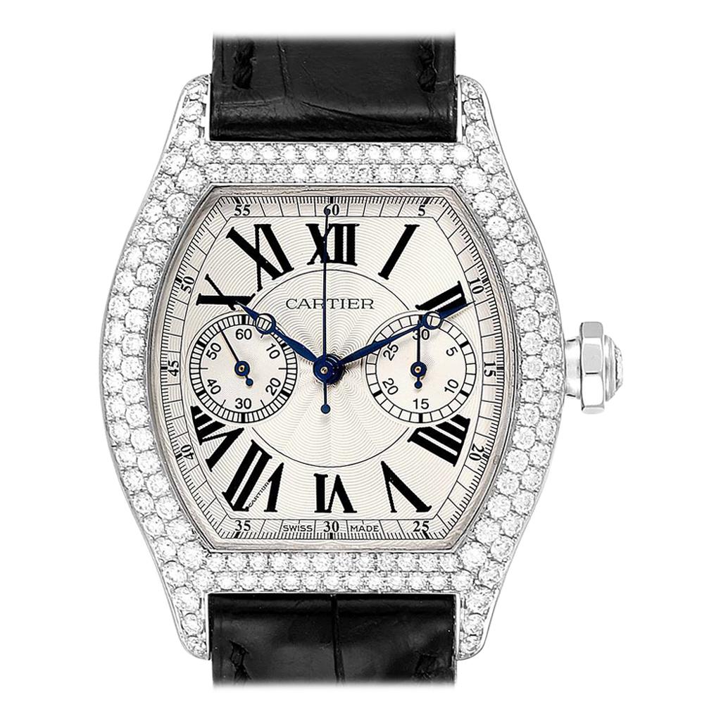 Cartier Tortue Monopusher Chronograph White Gold Diamond Watch 2396G For Sale