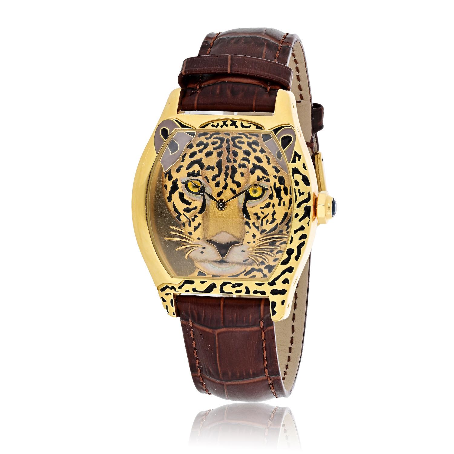 Introducing the Cartier Tortue Panthère Face Limited Edition Enamel and Yellow Gold wristwatch, a true masterpiece of craftsmanship and exclusivity. This exquisite timepiece boasts an array of exceptional features, making it a rare and highly
