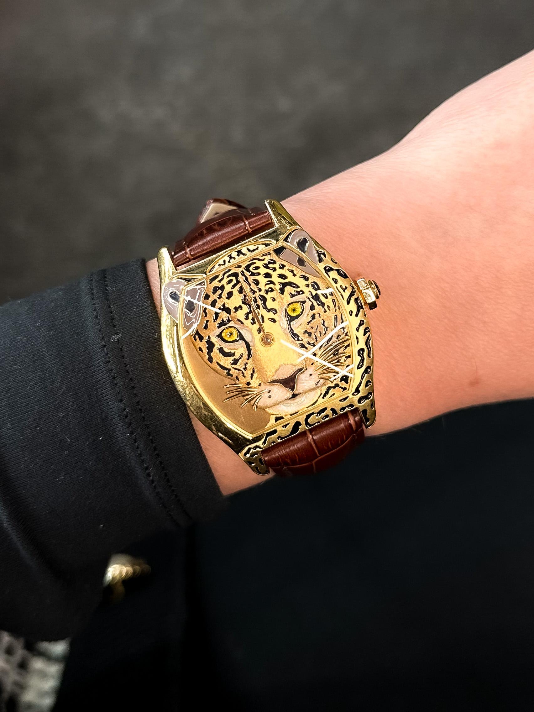 Modern Cartier Tortue Panthère Face Limited Edition Enamel and Yellow Gold Watch
